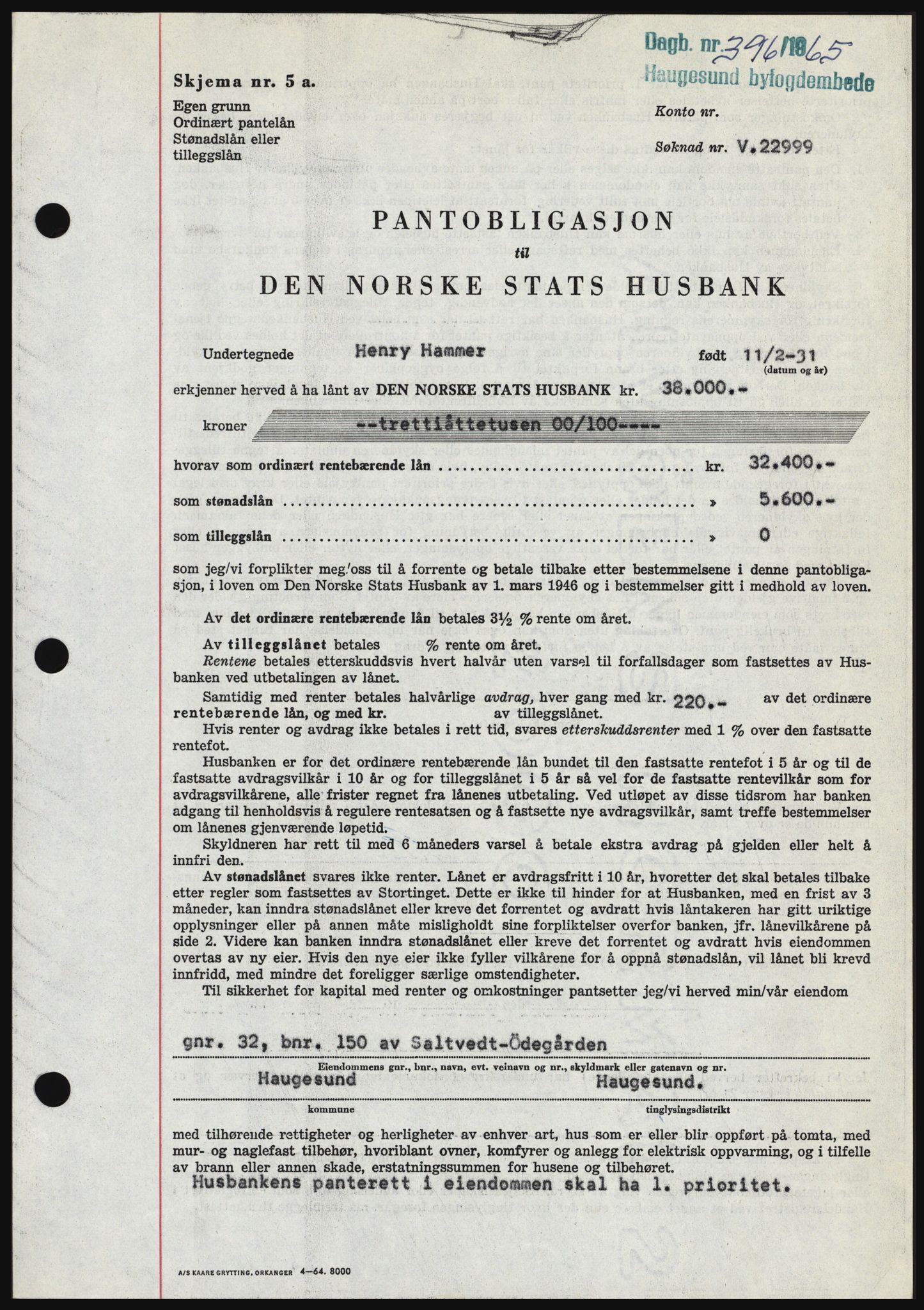 Haugesund tingrett, SAST/A-101415/01/II/IIC/L0053: Mortgage book no. B 53, 1965-1965, Diary no: : 396/1965