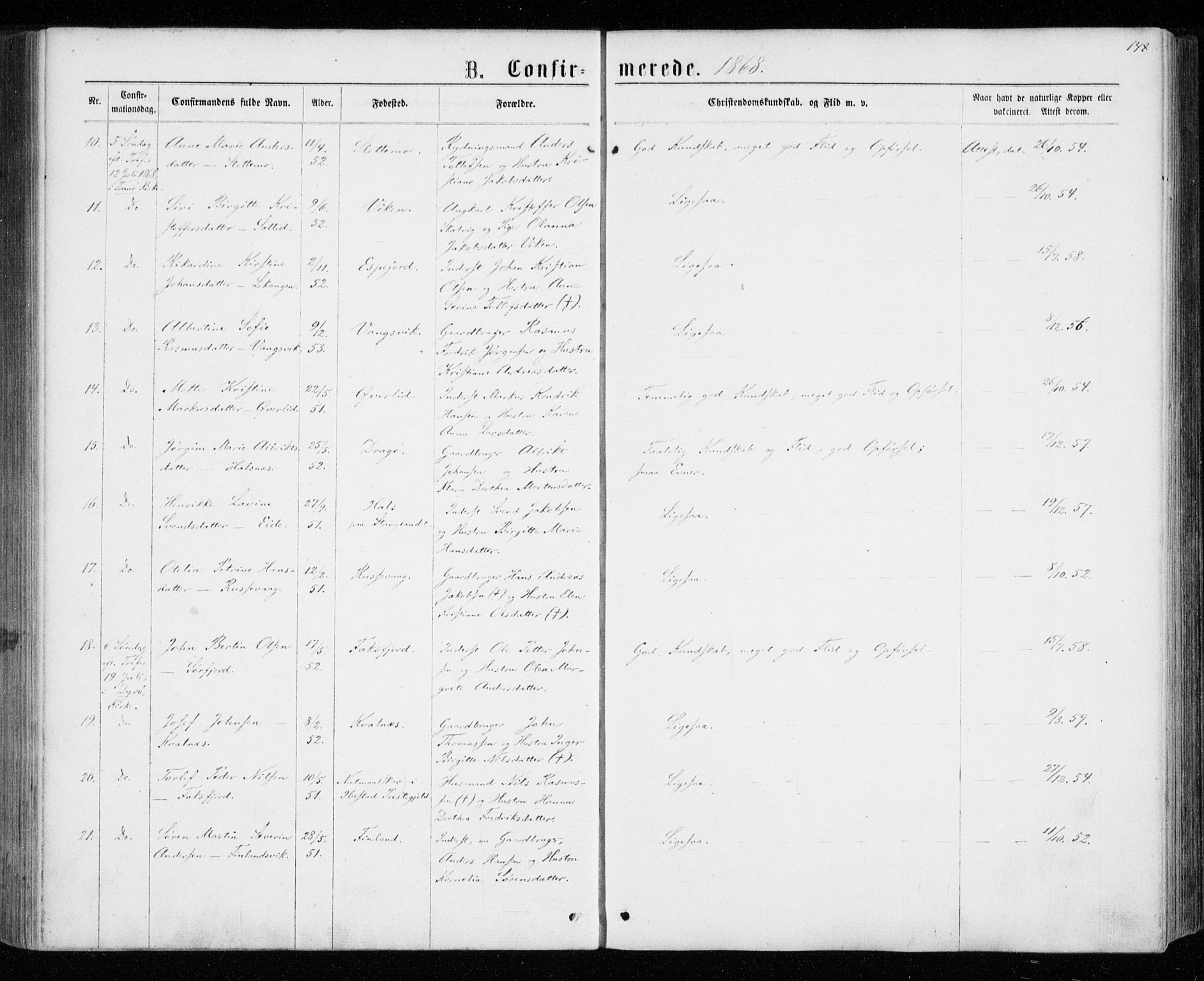 Tranøy sokneprestkontor, SATØ/S-1313/I/Ia/Iaa/L0008kirke: Parish register (official) no. 8, 1867-1877, p. 148