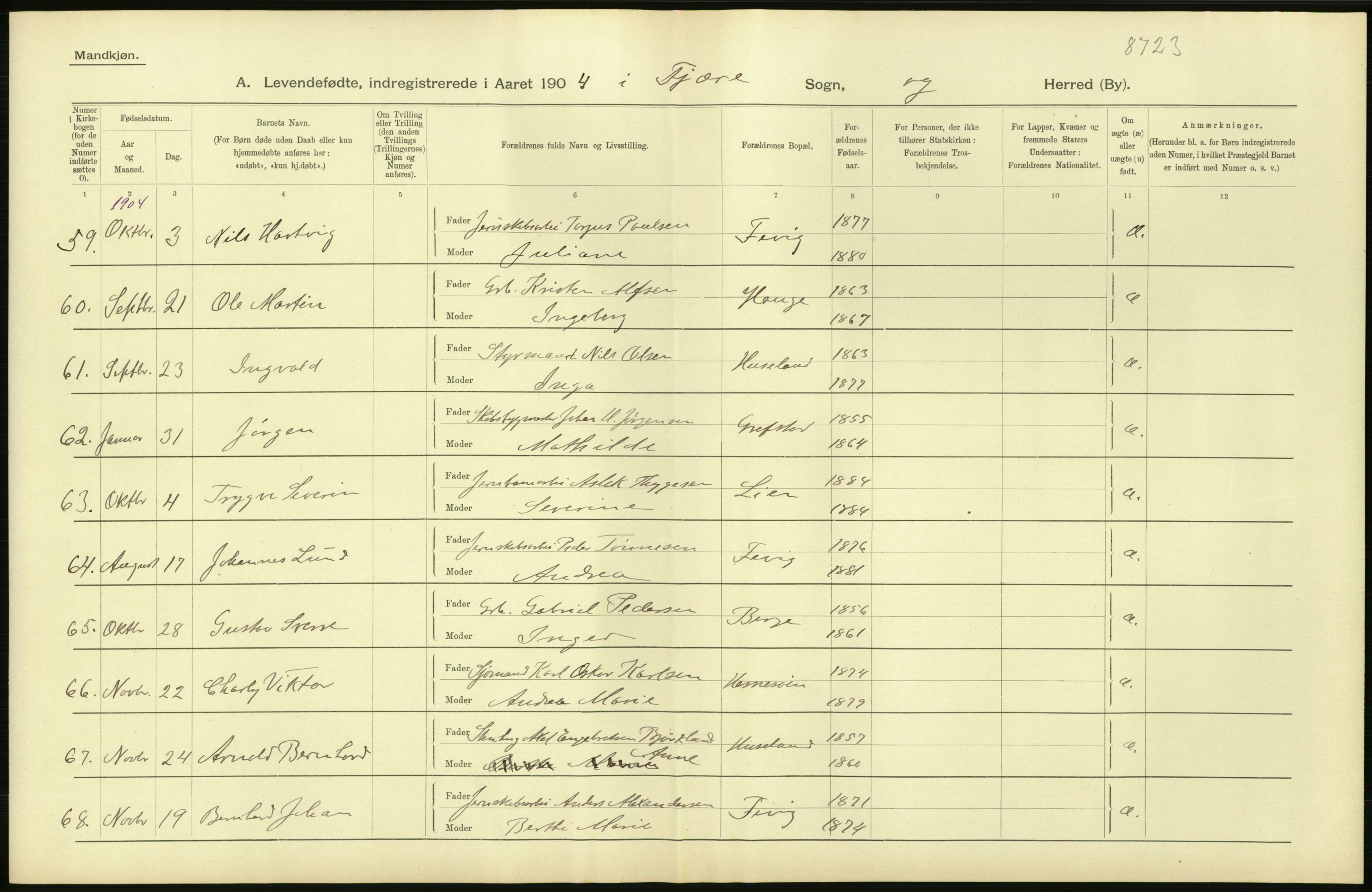 Statistisk sentralbyrå, Sosiodemografiske emner, Befolkning, AV/RA-S-2228/D/Df/Dfa/Dfab/L0010: Nedenes amt: Fødte, gifte, døde, 1904, p. 42