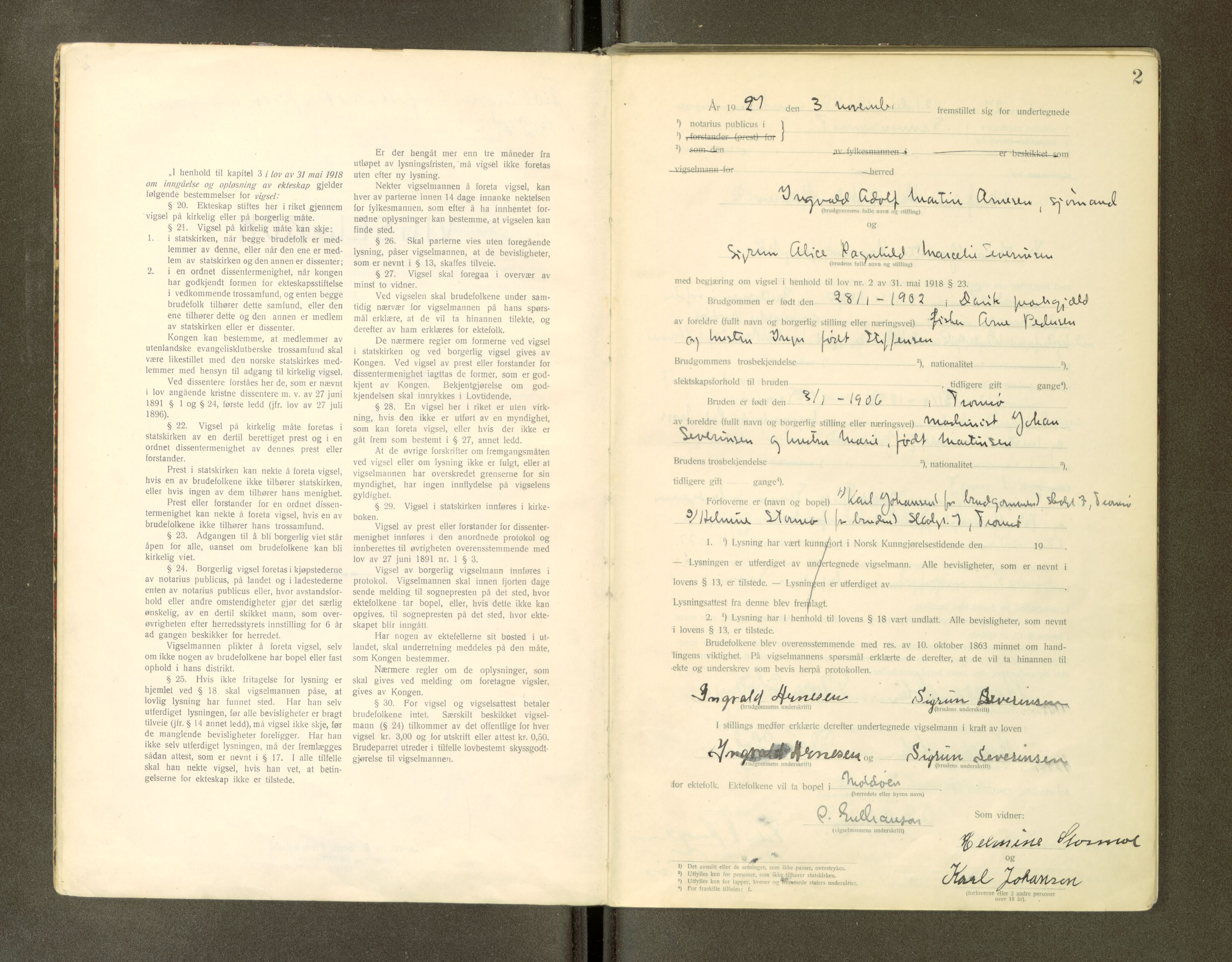 Tromsø byfogd/byrett, AV/SATØ-SATØ-0063/1/Ob/Obc/L0985: Vigselsbok, 1927-1942, p. 2