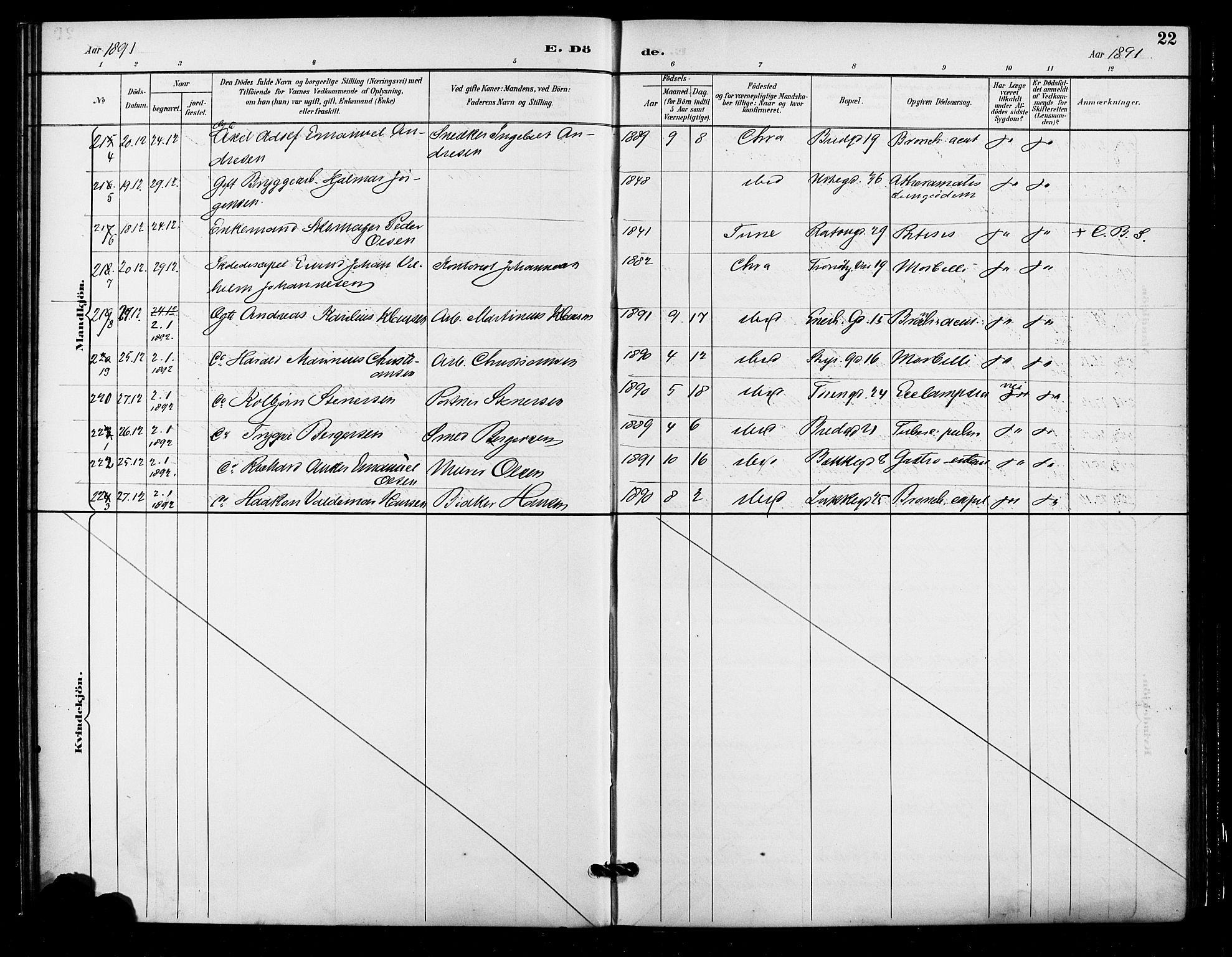 Grønland prestekontor Kirkebøker, AV/SAO-A-10848/F/Fa/L0010: Parish register (official) no. 10, 1891-1898, p. 22