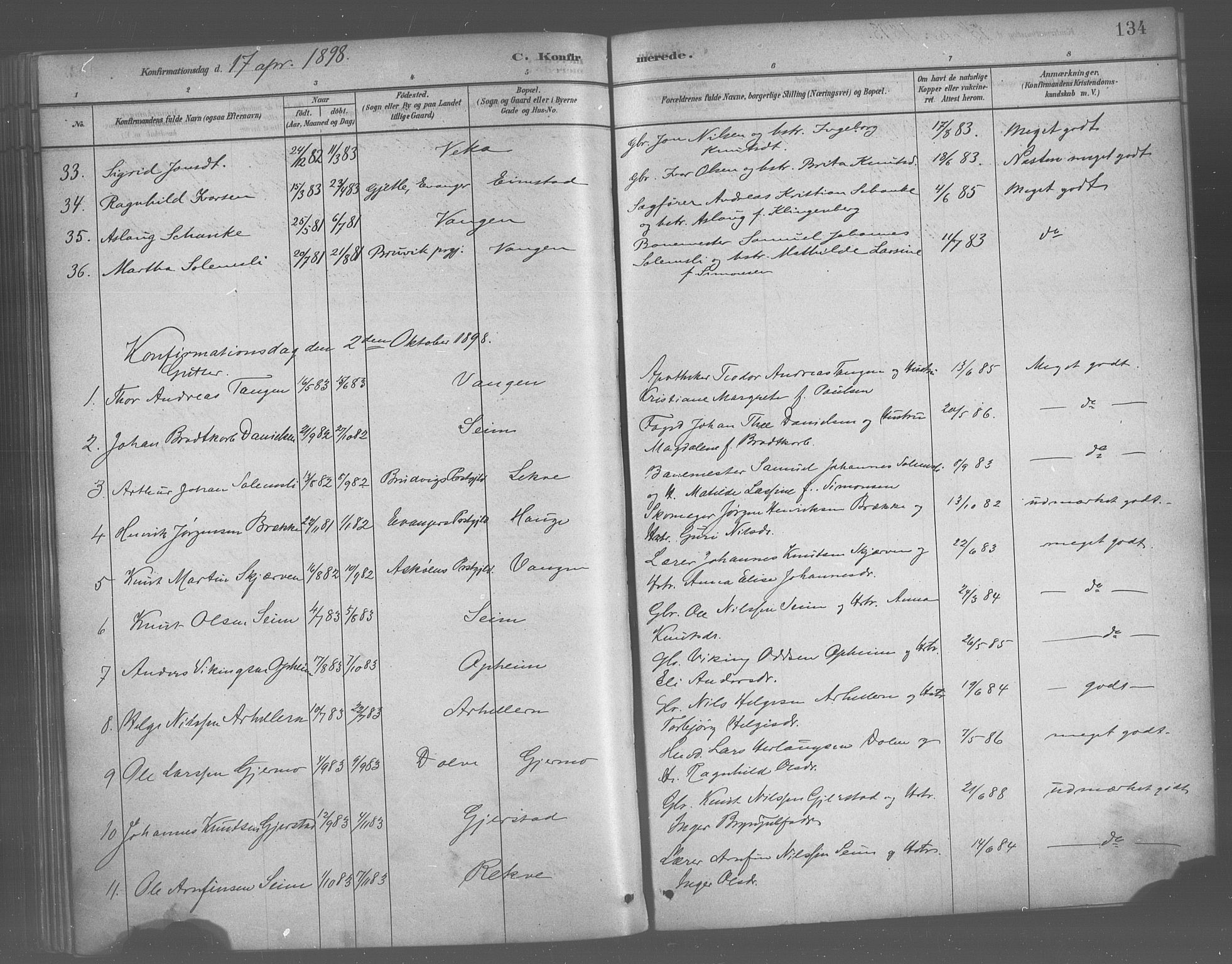 Voss sokneprestembete, AV/SAB-A-79001/H/Haa: Parish register (official) no. B 1, 1877-1899, p. 134