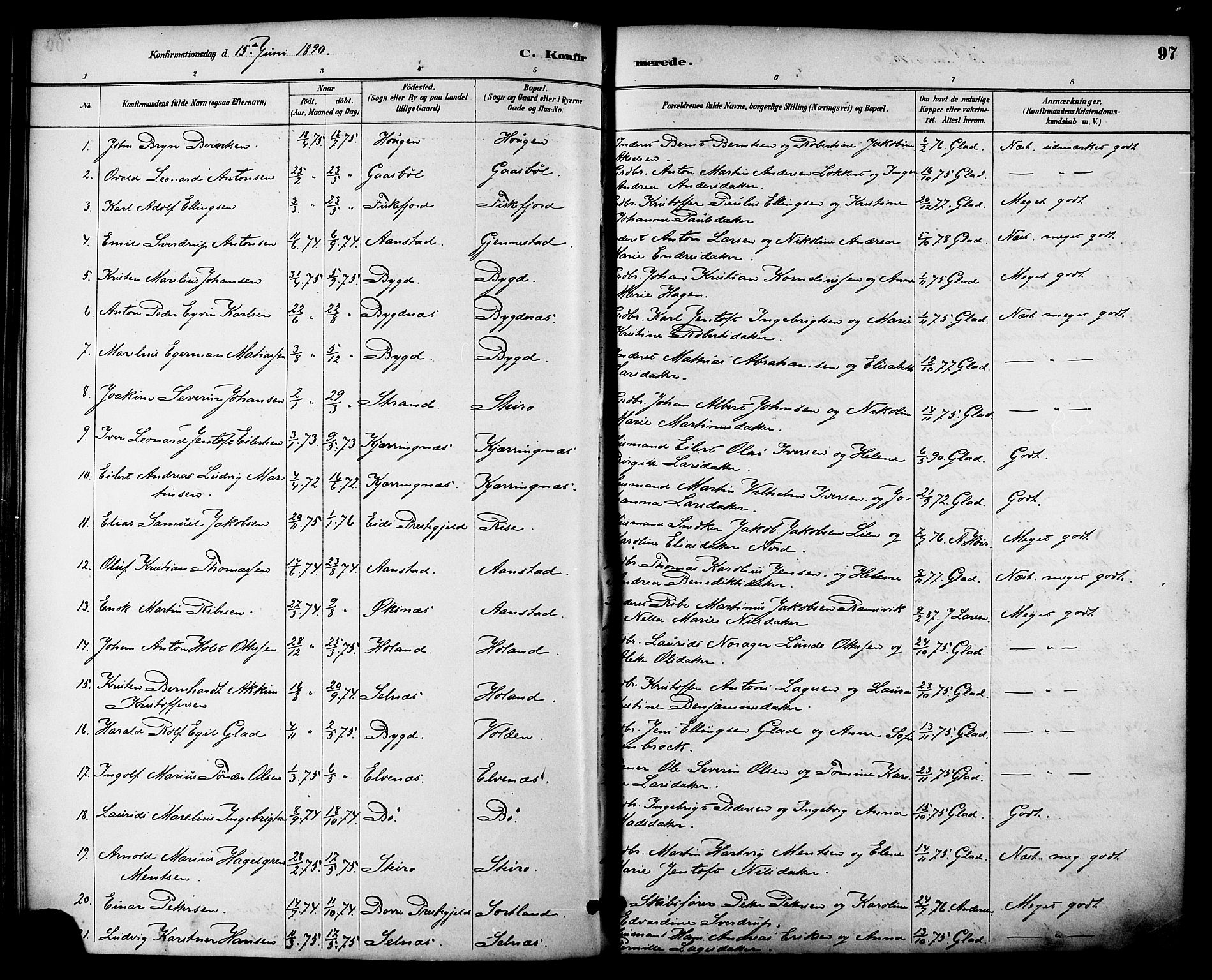 Ministerialprotokoller, klokkerbøker og fødselsregistre - Nordland, AV/SAT-A-1459/895/L1371: Parish register (official) no. 895A06, 1885-1894, p. 97