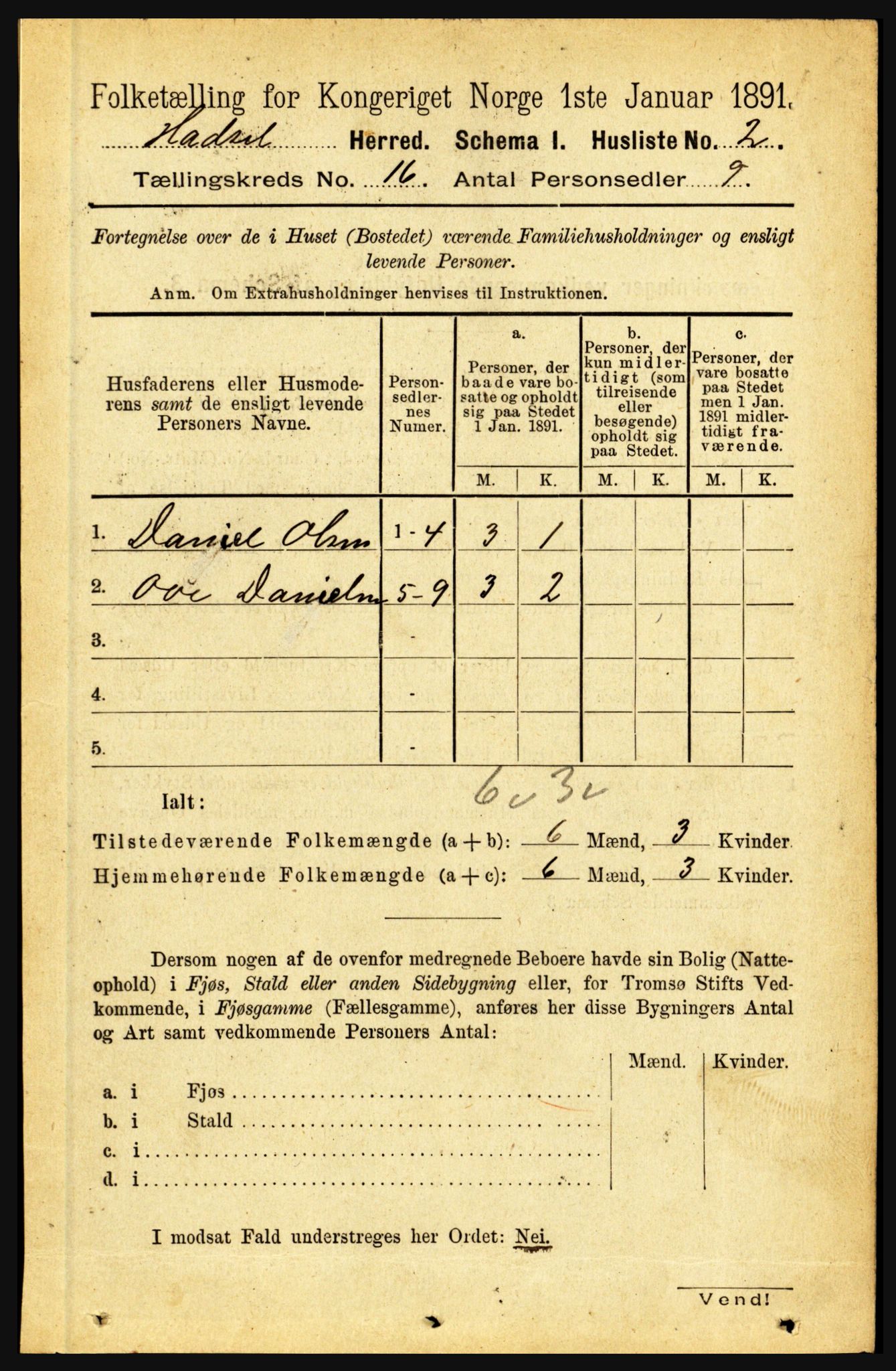 RA, 1891 census for 1866 Hadsel, 1891, p. 7207