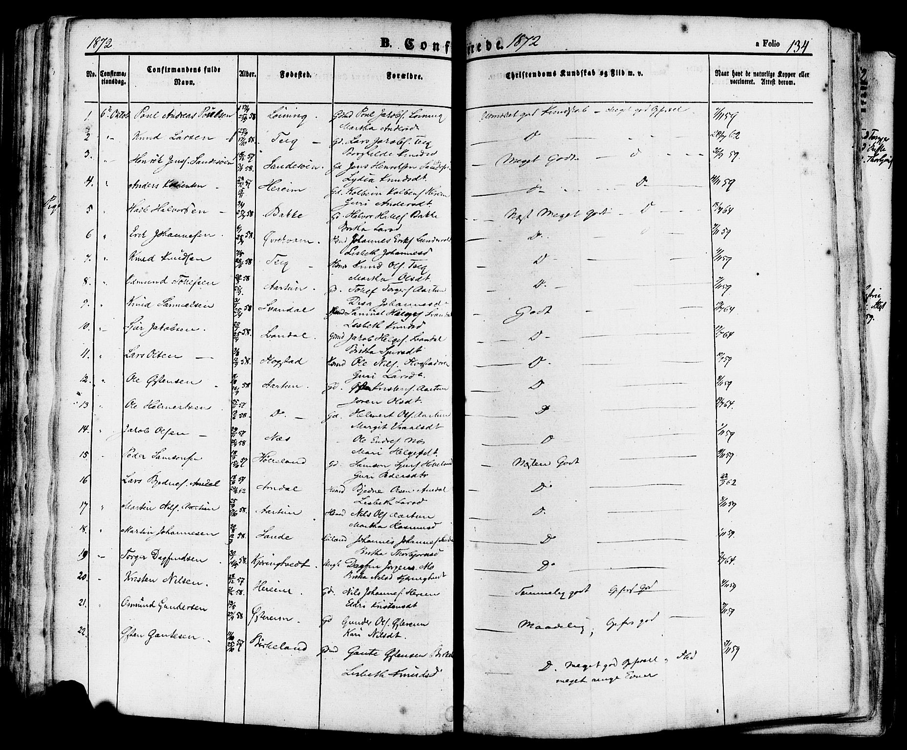 Sand sokneprestkontor, AV/SAST-A-101848/01/III/L0004: Parish register (official) no. A 4, 1859-1880, p. 134