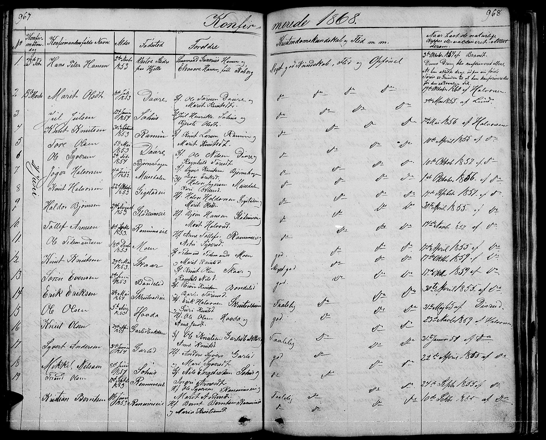 Nord-Aurdal prestekontor, SAH/PREST-132/H/Ha/Hab/L0001: Parish register (copy) no. 1, 1834-1887, p. 967-968