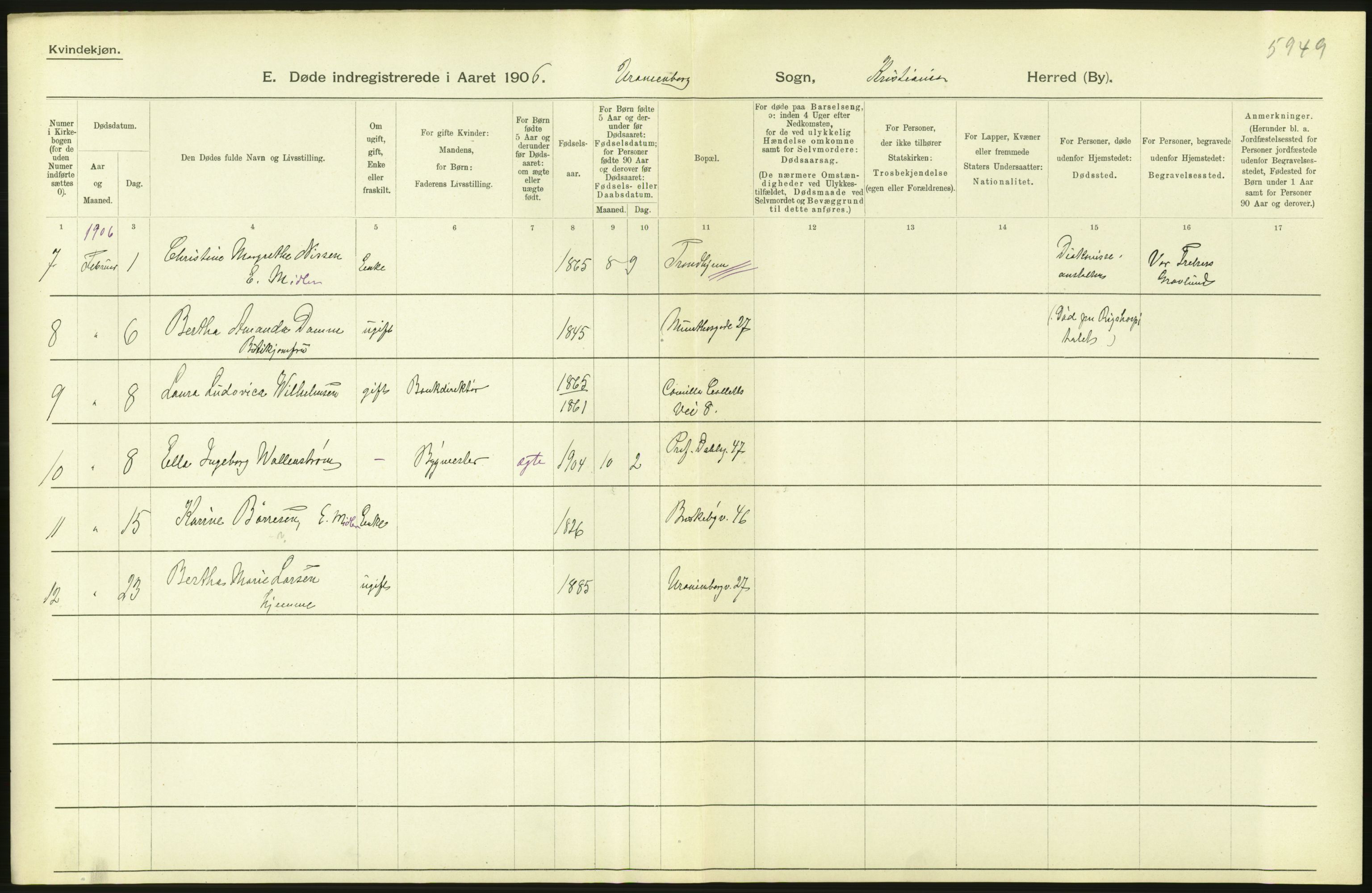 Statistisk sentralbyrå, Sosiodemografiske emner, Befolkning, AV/RA-S-2228/D/Df/Dfa/Dfad/L0009: Kristiania: Døde, 1906, p. 502