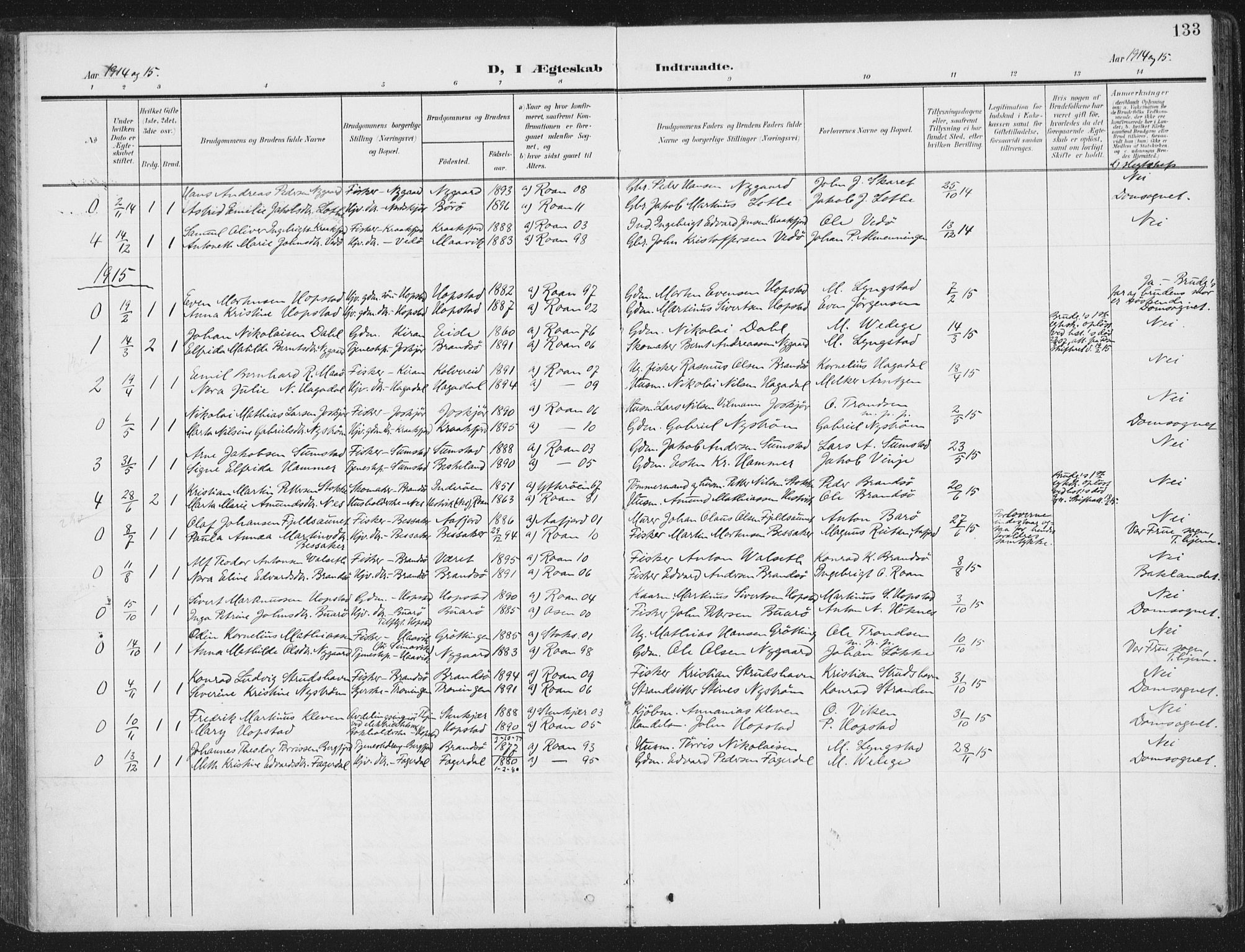 Ministerialprotokoller, klokkerbøker og fødselsregistre - Sør-Trøndelag, SAT/A-1456/657/L0709: Parish register (official) no. 657A10, 1905-1919, p. 133