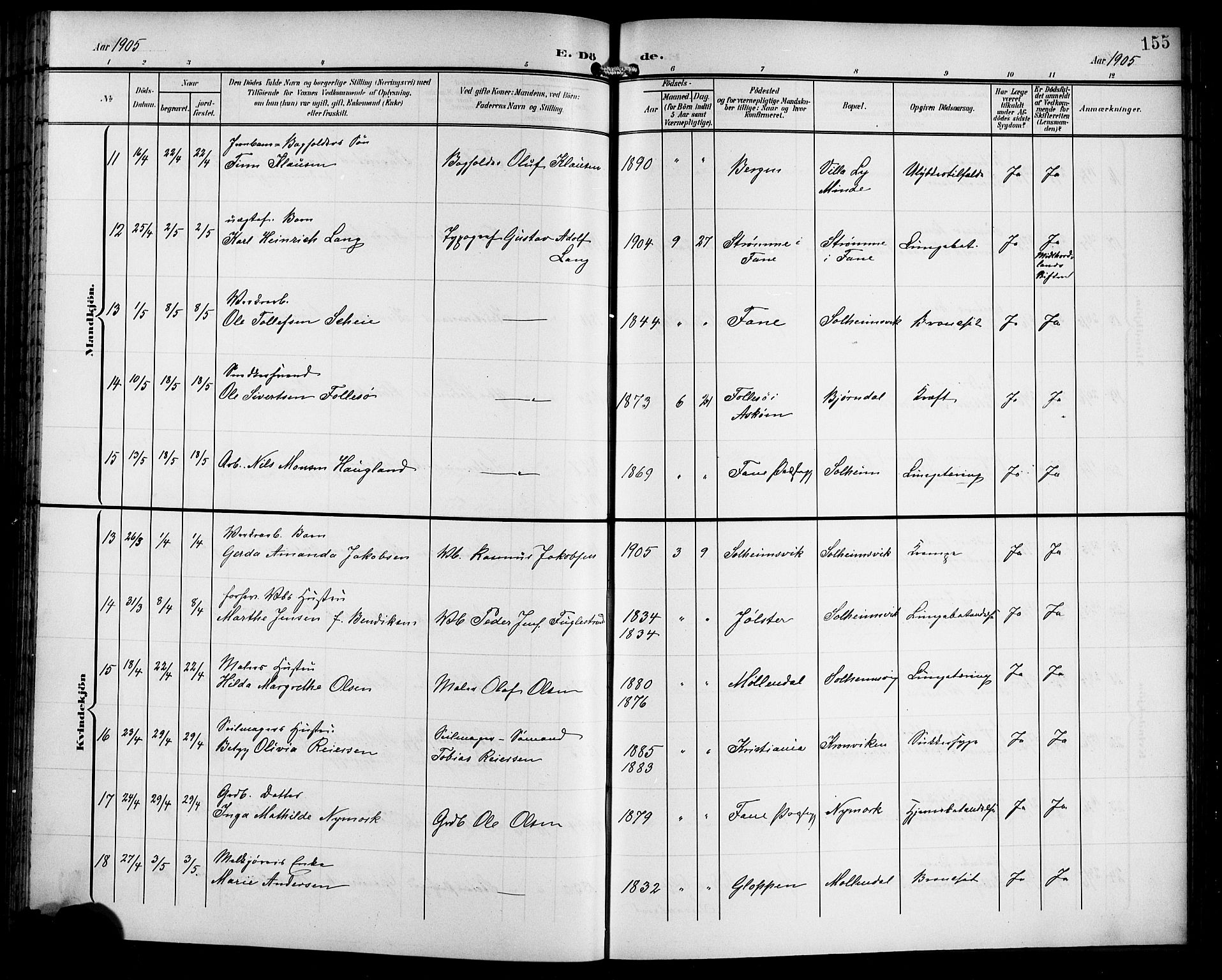 Årstad Sokneprestembete, SAB/A-79301/H/Hab/L0018: Parish register (copy) no. C 1, 1902-1919, p. 155