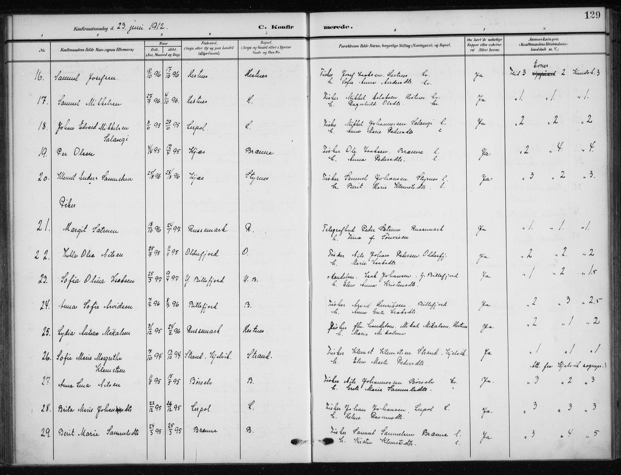 Kistrand/Porsanger sokneprestembete, AV/SATØ-S-1351/H/Ha/L0014.kirke: Parish register (official) no. 14, 1908-1917, p. 129