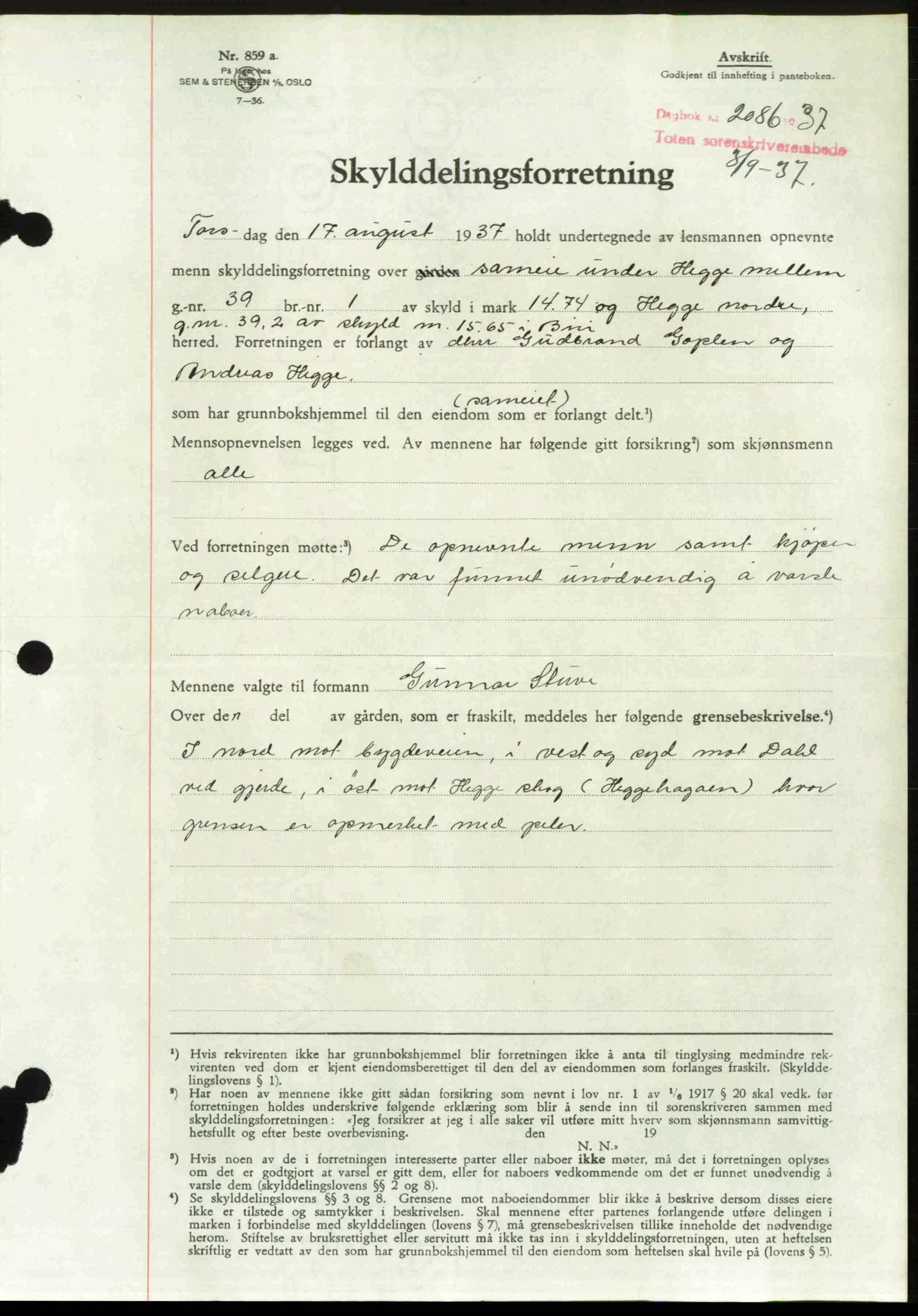 Toten tingrett, SAH/TING-006/H/Hb/Hbc/L0003: Mortgage book no. Hbc-03, 1937-1938, Diary no: : 2086/1937