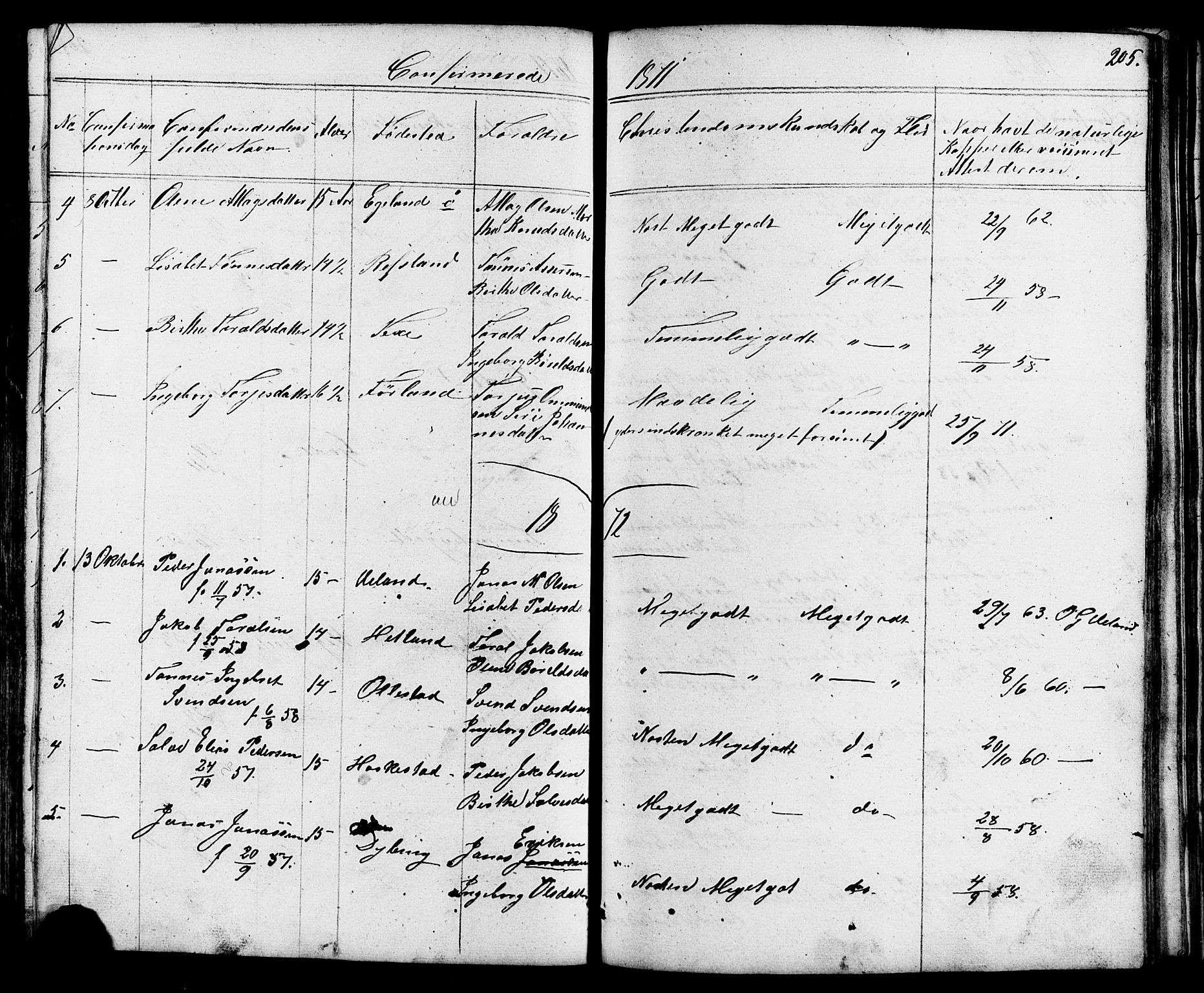 Lund sokneprestkontor, AV/SAST-A-101809/S07/L0004: Parish register (copy) no. B 4, 1854-1874, p. 205