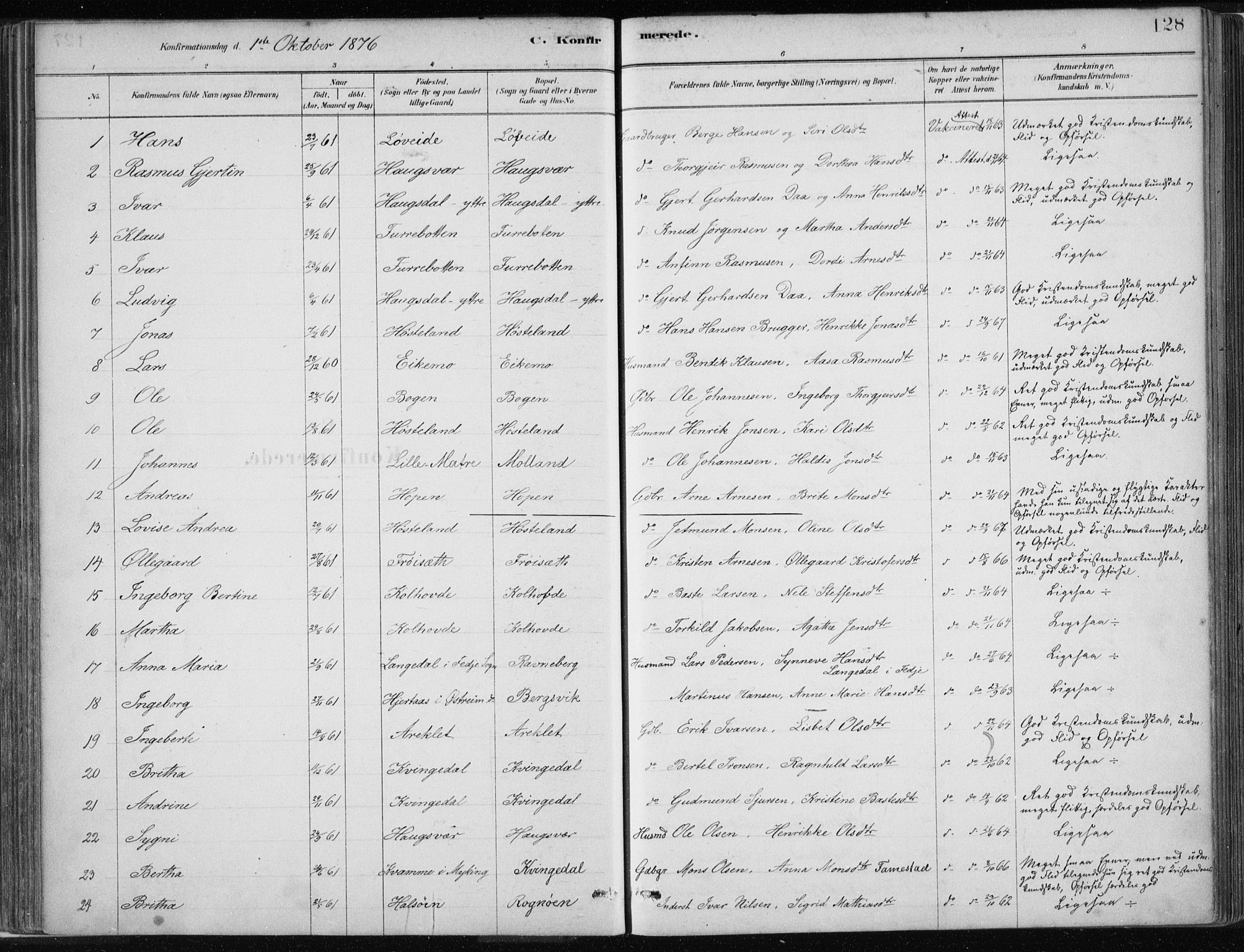 Masfjorden Sokneprestembete, SAB/A-77001: Parish register (official) no. B  1, 1876-1899, p. 128