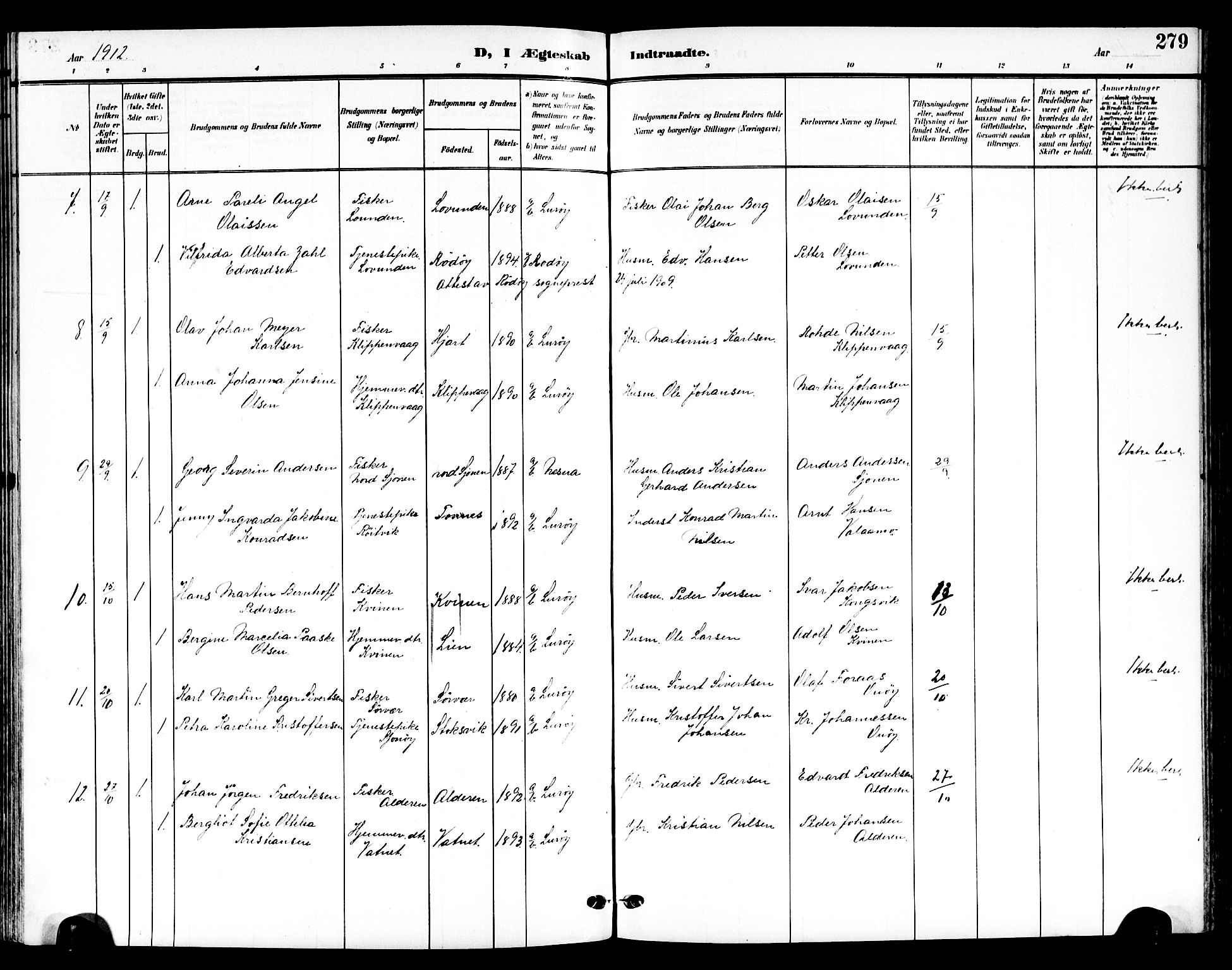 Ministerialprotokoller, klokkerbøker og fødselsregistre - Nordland, SAT/A-1459/839/L0569: Parish register (official) no. 839A06, 1903-1922, p. 279