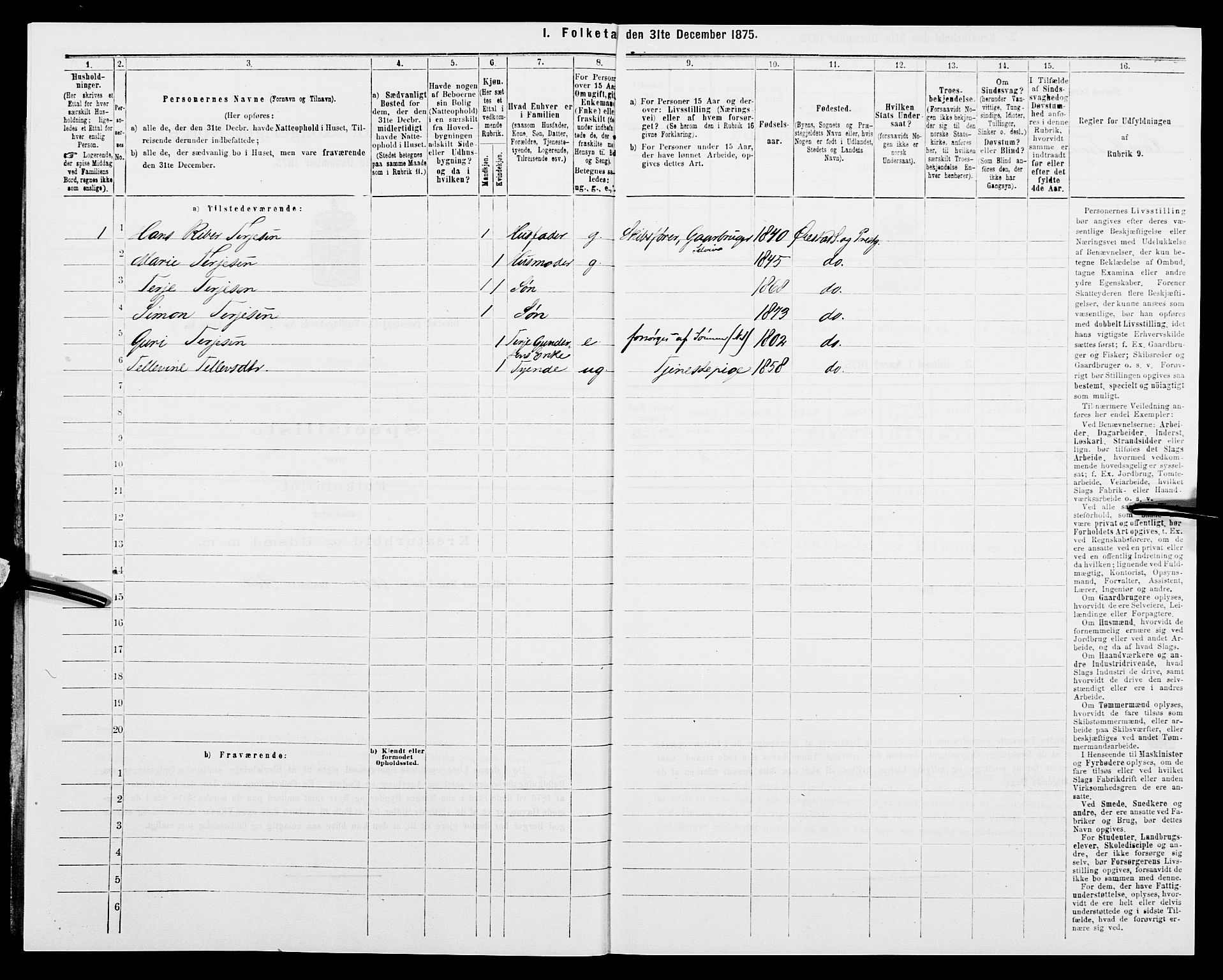 SAK, 1875 census for 0920P Øyestad, 1875, p. 700