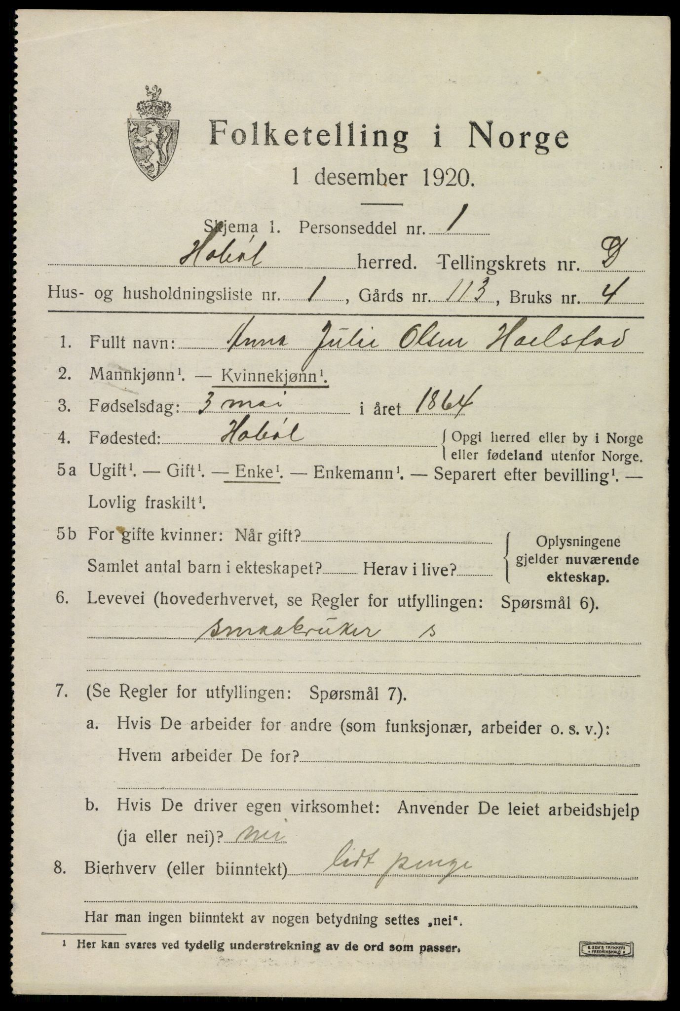 SAO, 1920 census for Hobøl, 1920, p. 2792