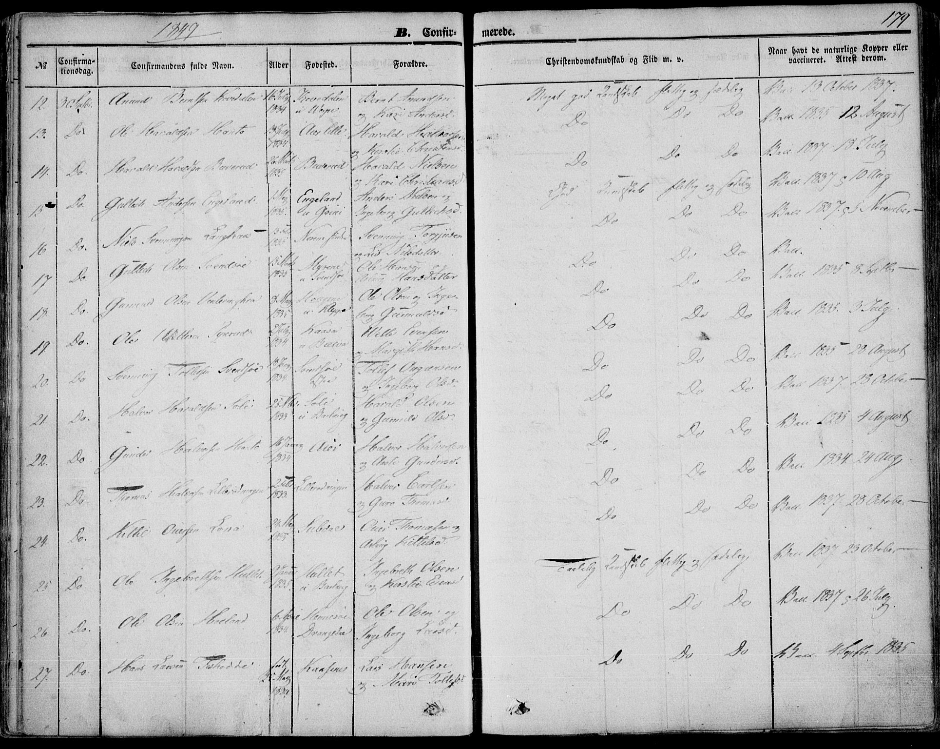 Bø kirkebøker, AV/SAKO-A-257/F/Fa/L0008: Parish register (official) no. 8, 1849-1861, p. 179