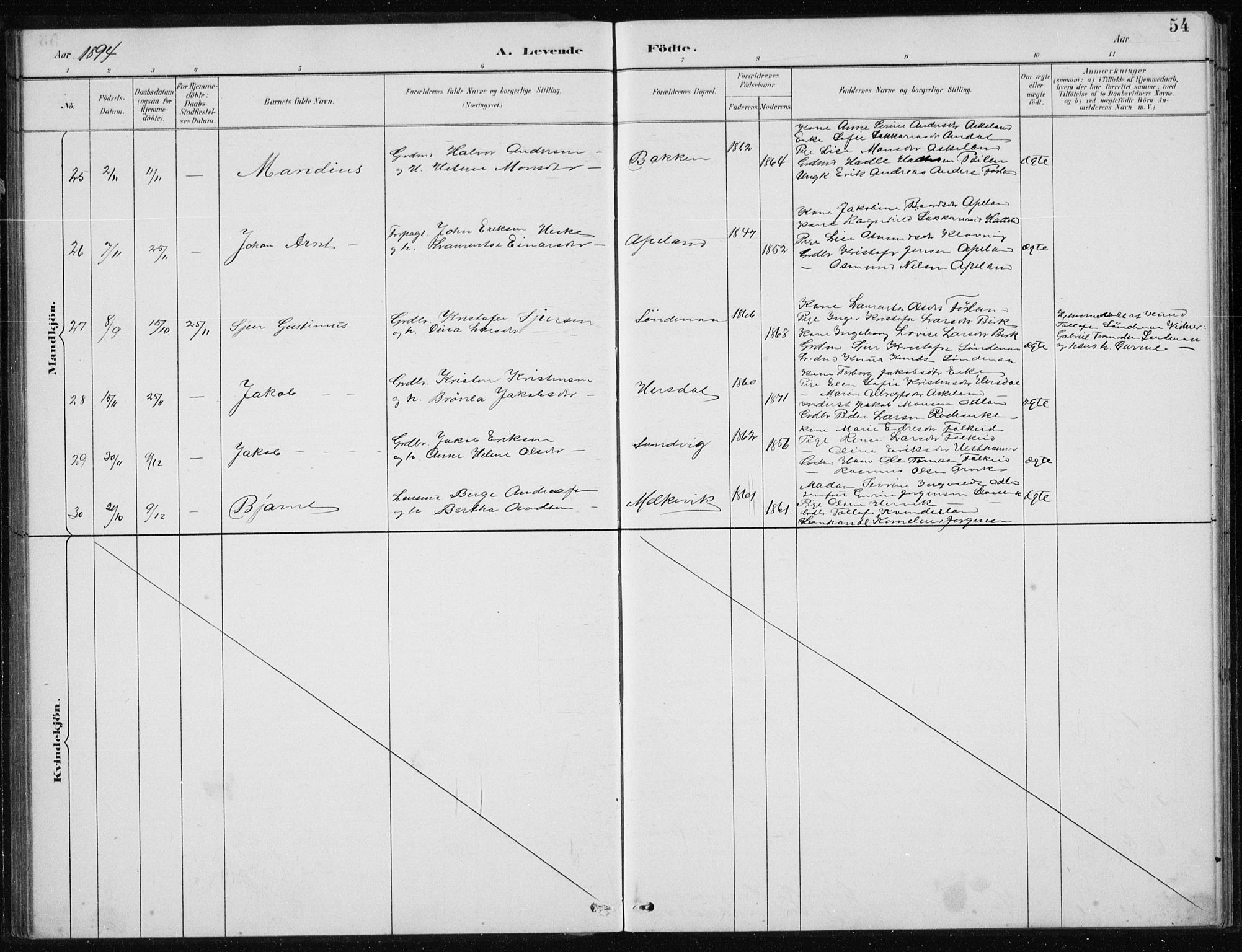 Tysvær sokneprestkontor, AV/SAST-A -101864/H/Ha/Hab/L0004: Parish register (copy) no. B 4, 1883-1896, p. 54