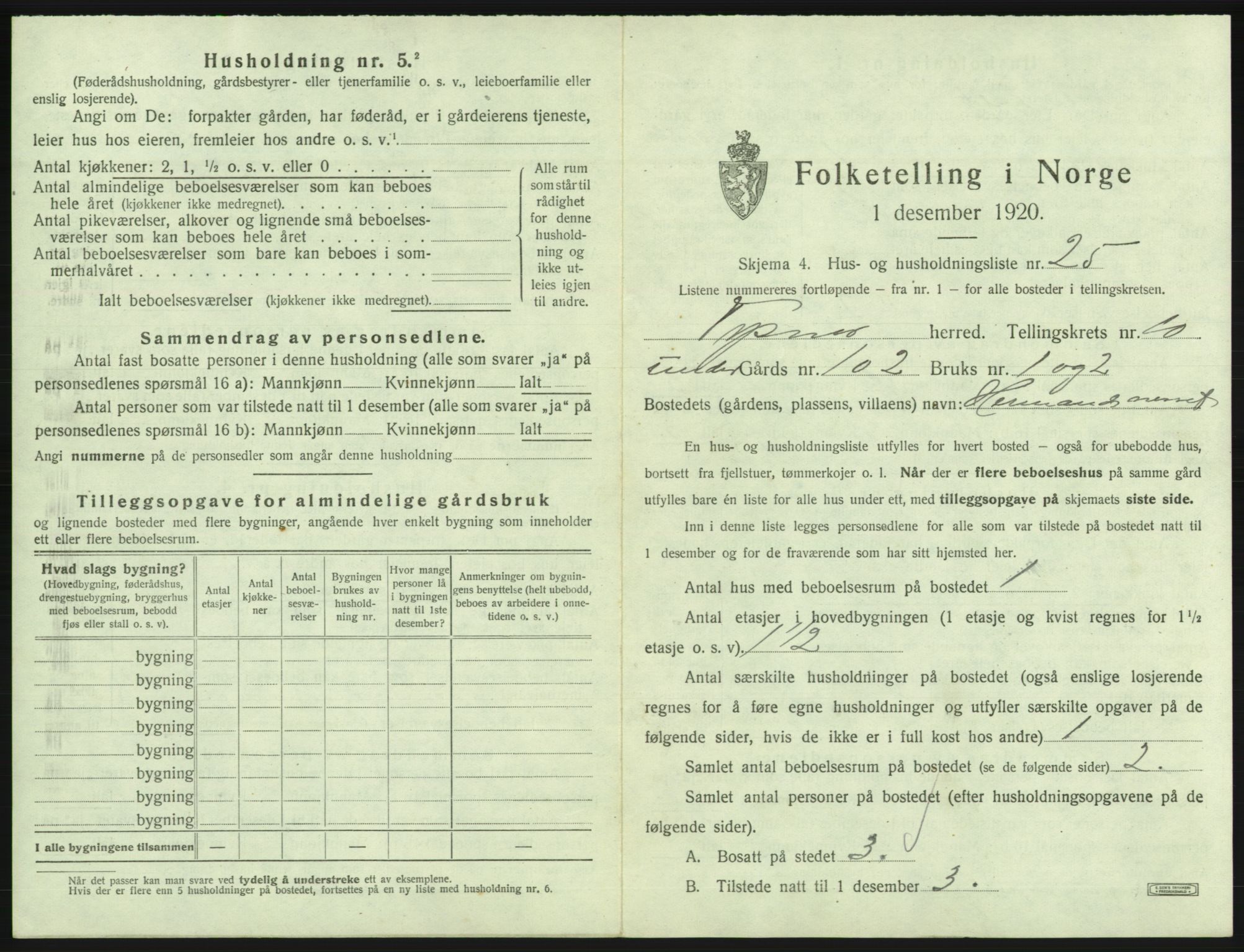 SAB, 1920 census for Tysnes, 1920, p. 1035