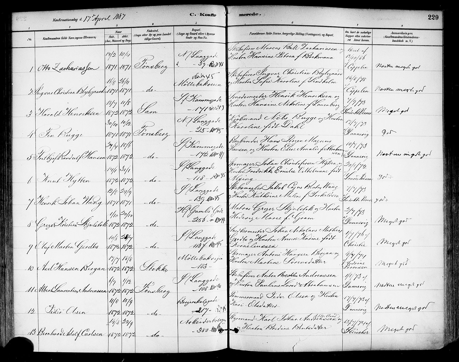 Tønsberg kirkebøker, SAKO/A-330/F/Fa/L0011: Parish register (official) no. I 11, 1881-1890, p. 229