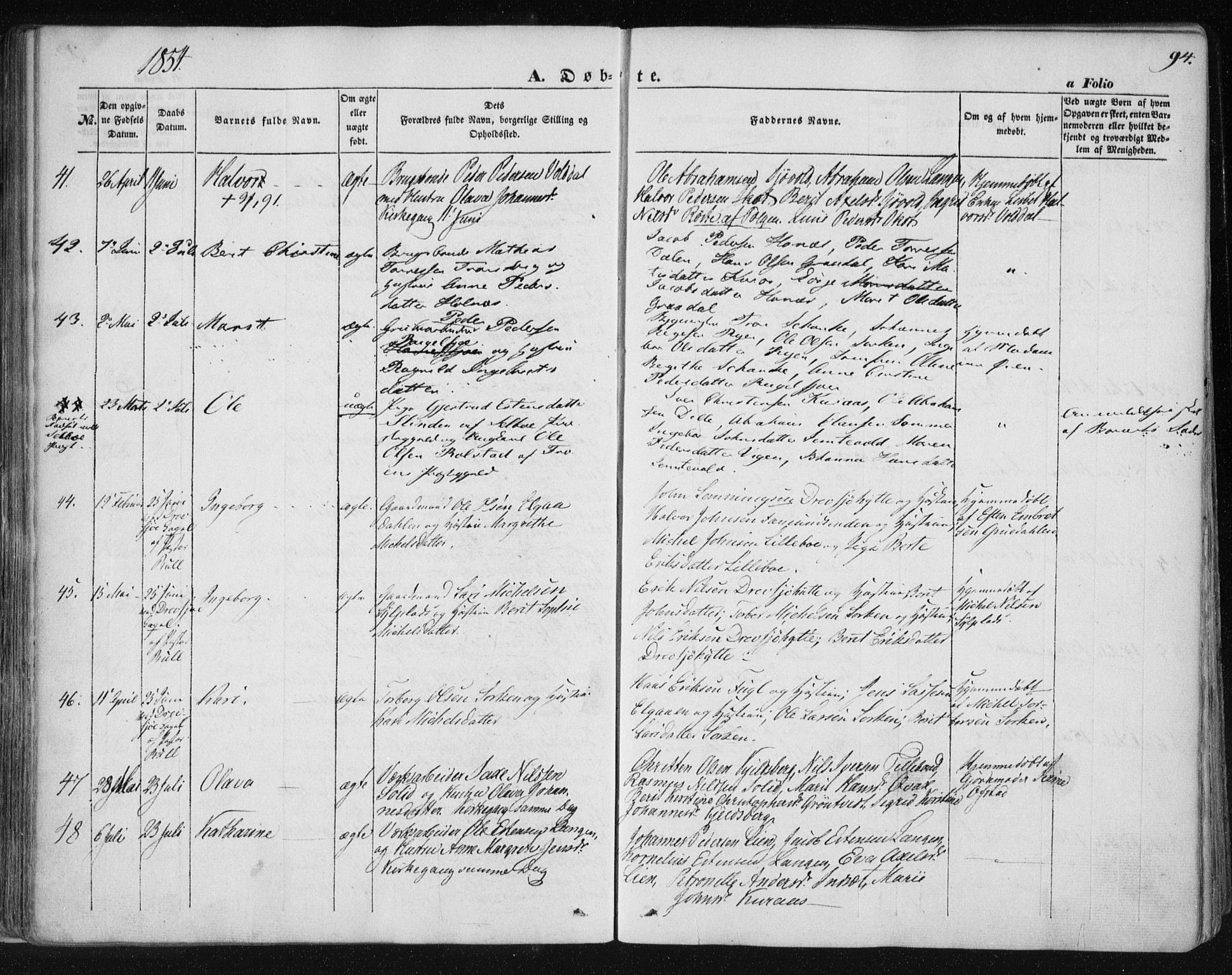 Ministerialprotokoller, klokkerbøker og fødselsregistre - Sør-Trøndelag, SAT/A-1456/681/L0931: Parish register (official) no. 681A09, 1845-1859, p. 94