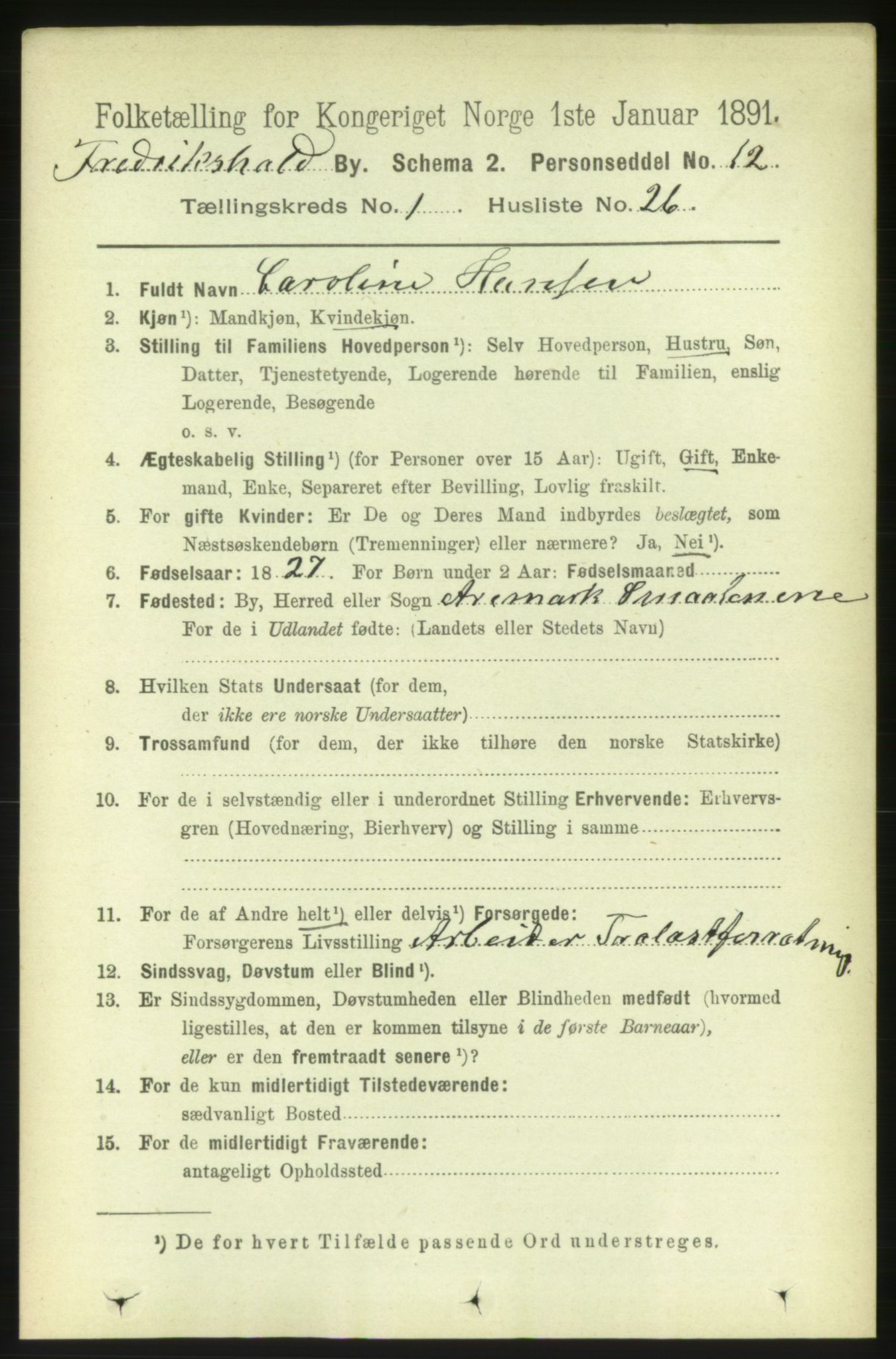 RA, 1891 census for 0101 Fredrikshald, 1891, p. 2157