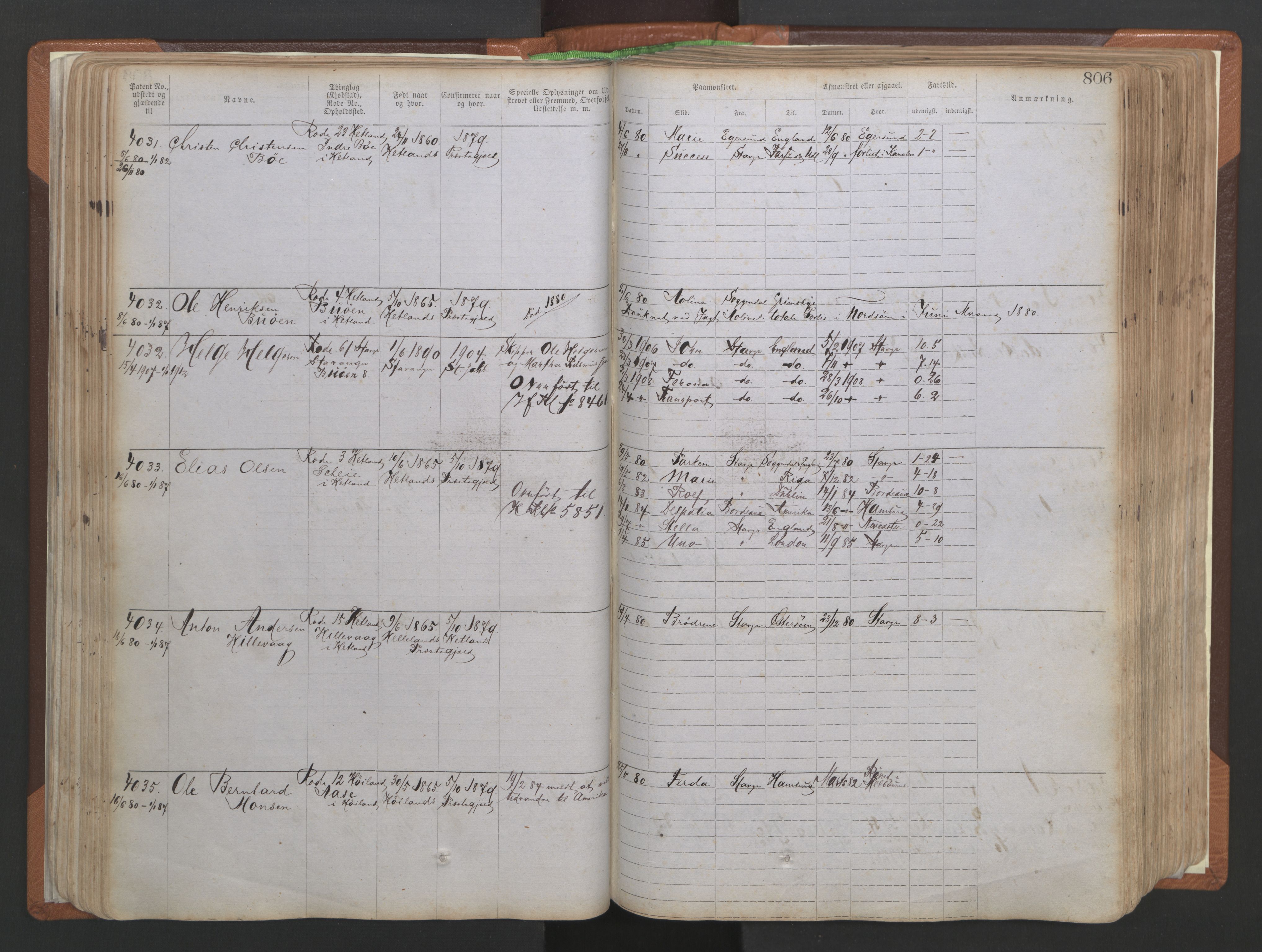 Stavanger sjømannskontor, AV/SAST-A-102006/F/Ff/L0006: Annotasjonsrulle No 2, patentnr. 3586-5505, 1878-1900, p. 93