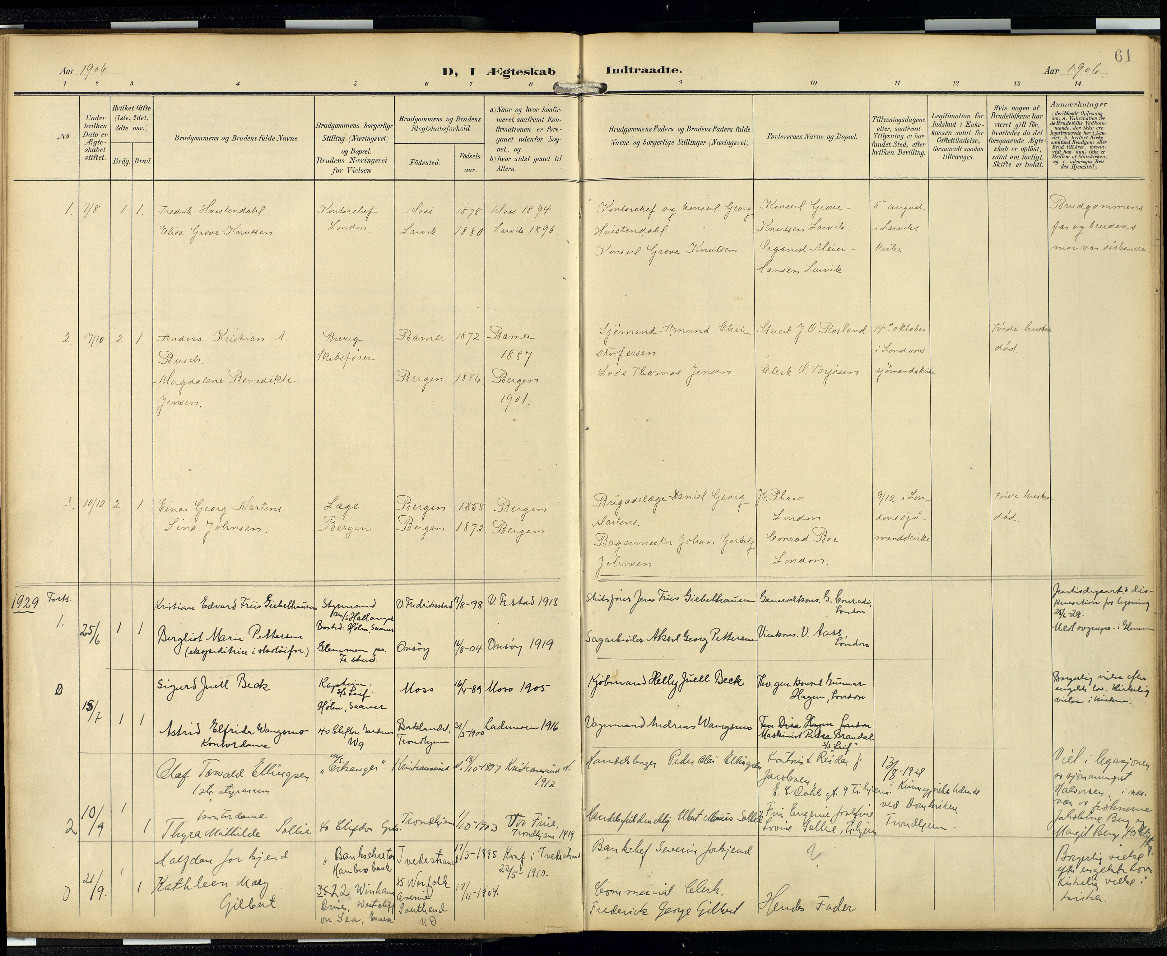  Den norske sjømannsmisjon i utlandet/London m/bistasjoner, SAB/SAB/PA-0103/H/Ha/L0003: Parish register (official) no. A 3, 1903-1934, p. 60b-61a