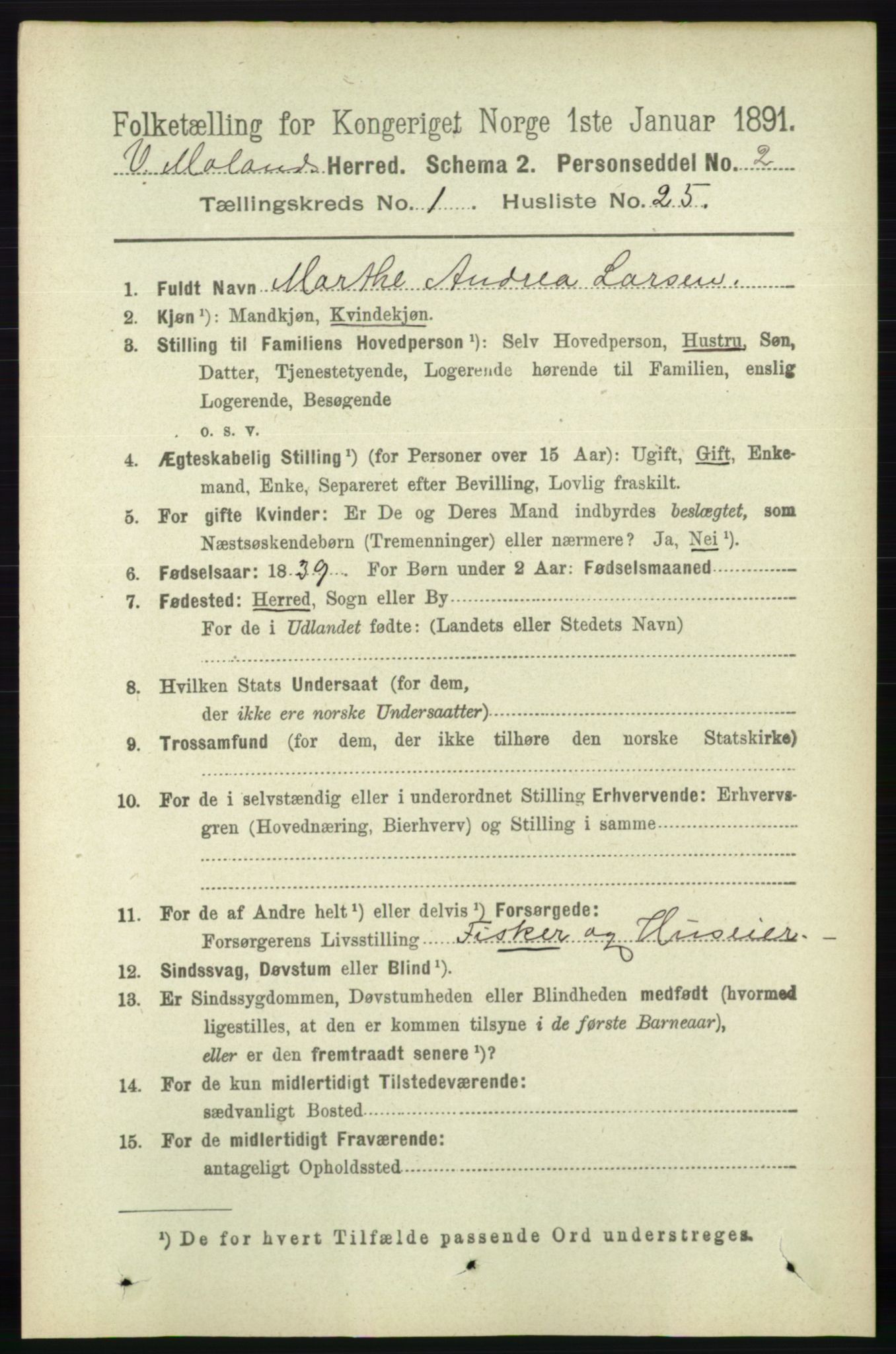 RA, 1891 census for 0926 Vestre Moland, 1891, p. 257