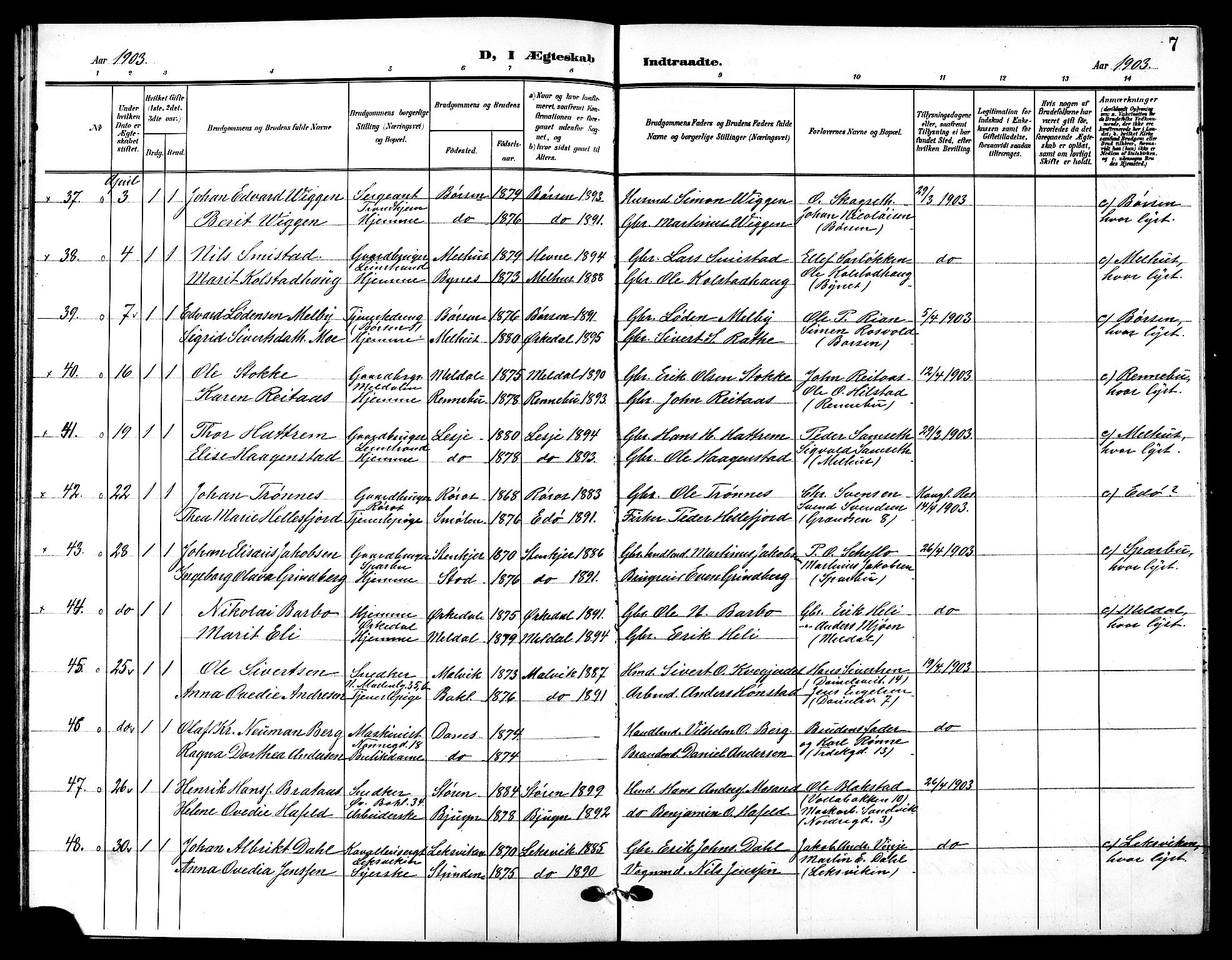 Ministerialprotokoller, klokkerbøker og fødselsregistre - Sør-Trøndelag, AV/SAT-A-1456/601/L0095: Parish register (copy) no. 601C13, 1902-1911, p. 7