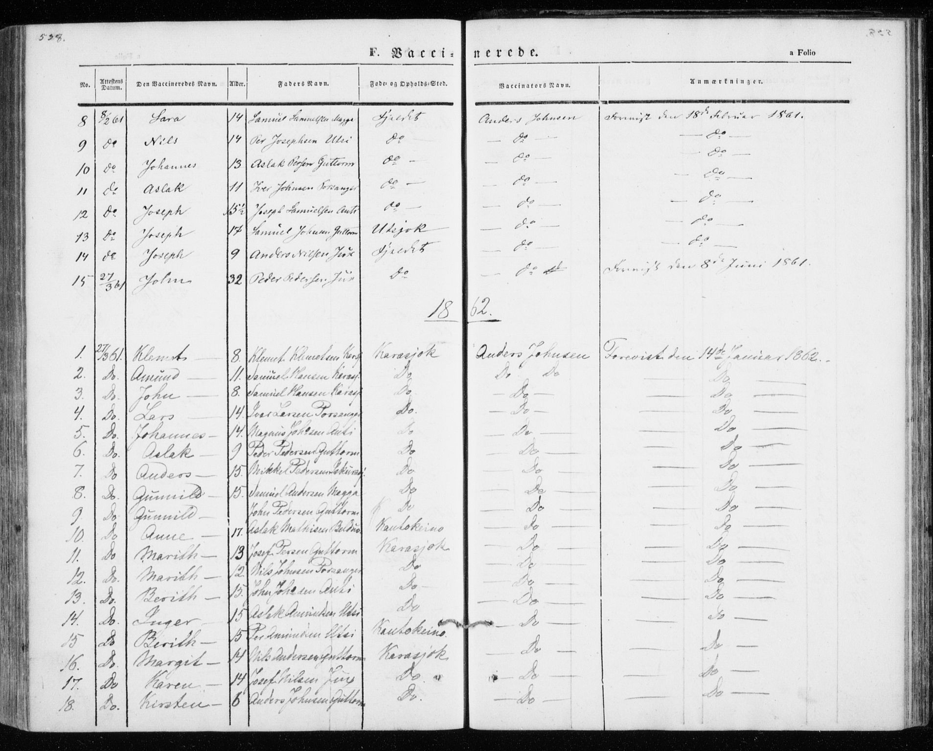 Kistrand/Porsanger sokneprestembete, SATØ/S-1351/H/Ha/L0012.kirke: Parish register (official) no. 12, 1843-1871, p. 538-539