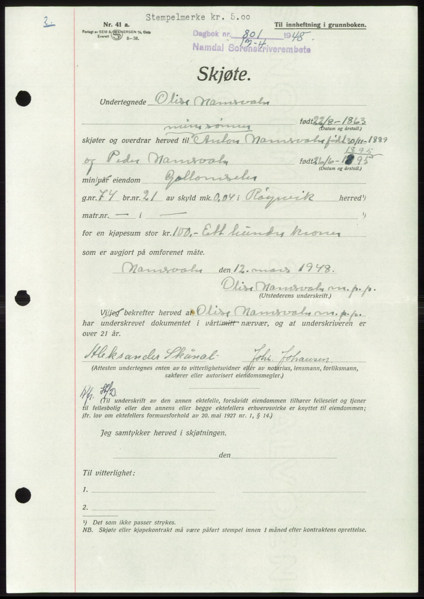 Namdal sorenskriveri, SAT/A-4133/1/2/2C: Mortgage book no. -, 1947-1948, Diary no: : 801/1948