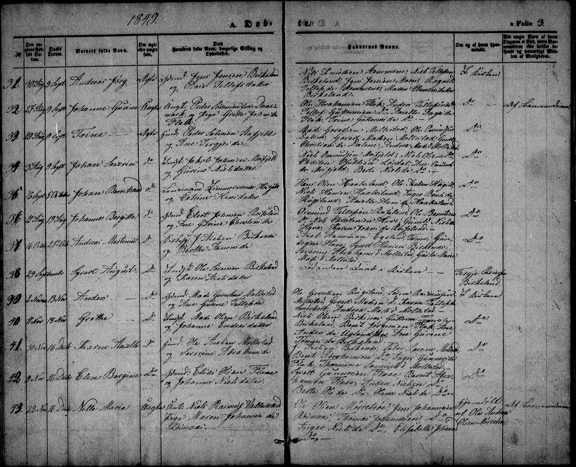 Birkenes sokneprestkontor, AV/SAK-1111-0004/F/Fb/L0002: Parish register (copy) no. B 2, 1849-1876, p. 3