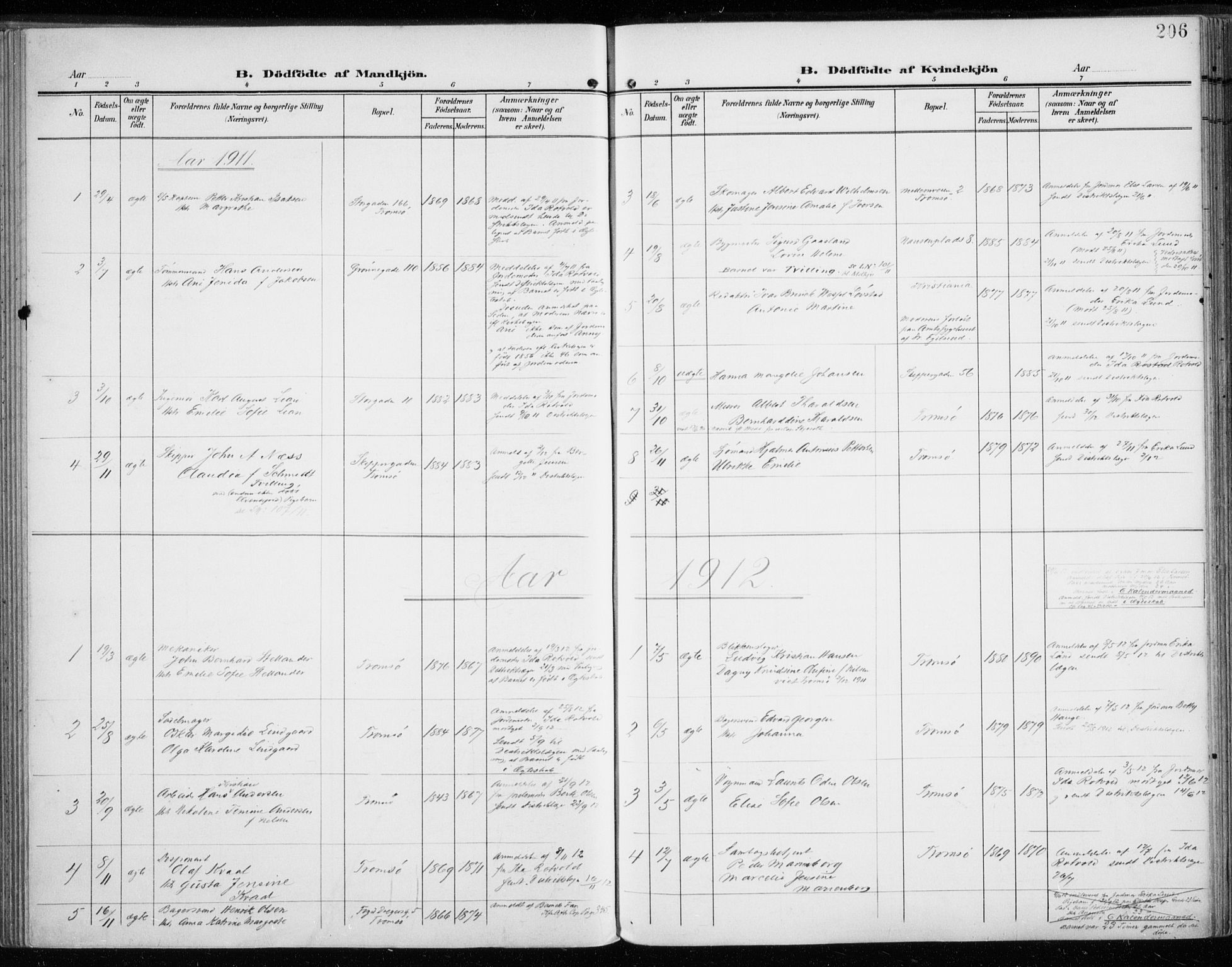 Tromsø sokneprestkontor/stiftsprosti/domprosti, AV/SATØ-S-1343/G/Ga/L0017kirke: Parish register (official) no. 17, 1907-1917, p. 206