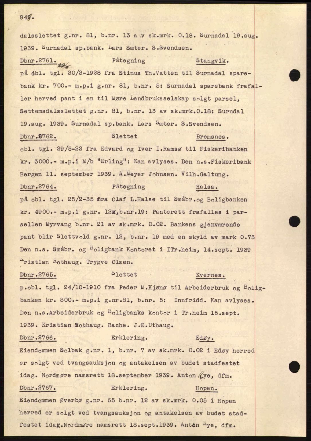 Nordmøre sorenskriveri, AV/SAT-A-4132/1/2/2Ca: Mortgage book no. C80, 1936-1939, Diary no: : 2761/1939