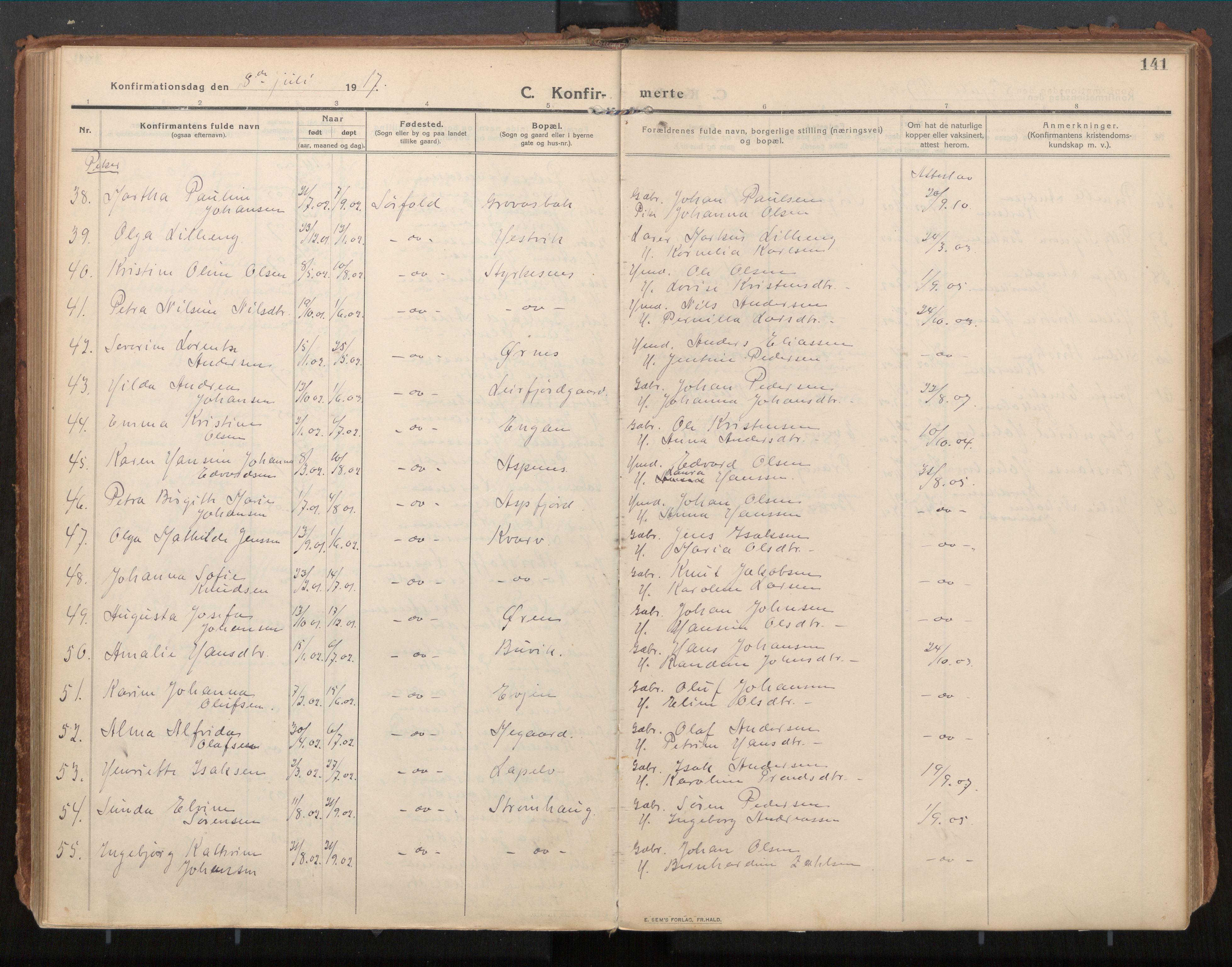 Ministerialprotokoller, klokkerbøker og fødselsregistre - Nordland, AV/SAT-A-1459/854/L0784: Parish register (official) no. 854A07, 1910-1922, p. 141