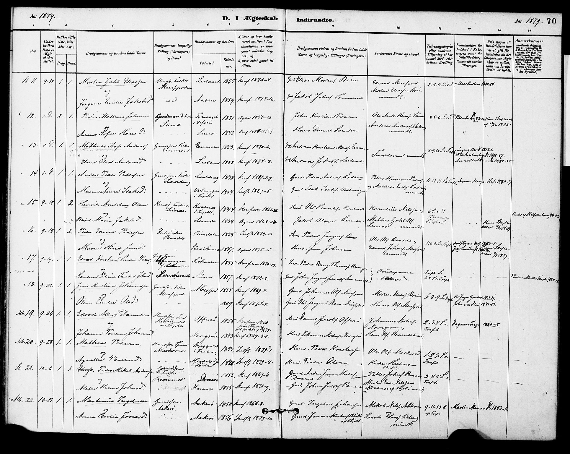 Ministerialprotokoller, klokkerbøker og fødselsregistre - Nordland, AV/SAT-A-1459/830/L0450: Parish register (official) no. 830A14, 1879-1896, p. 70