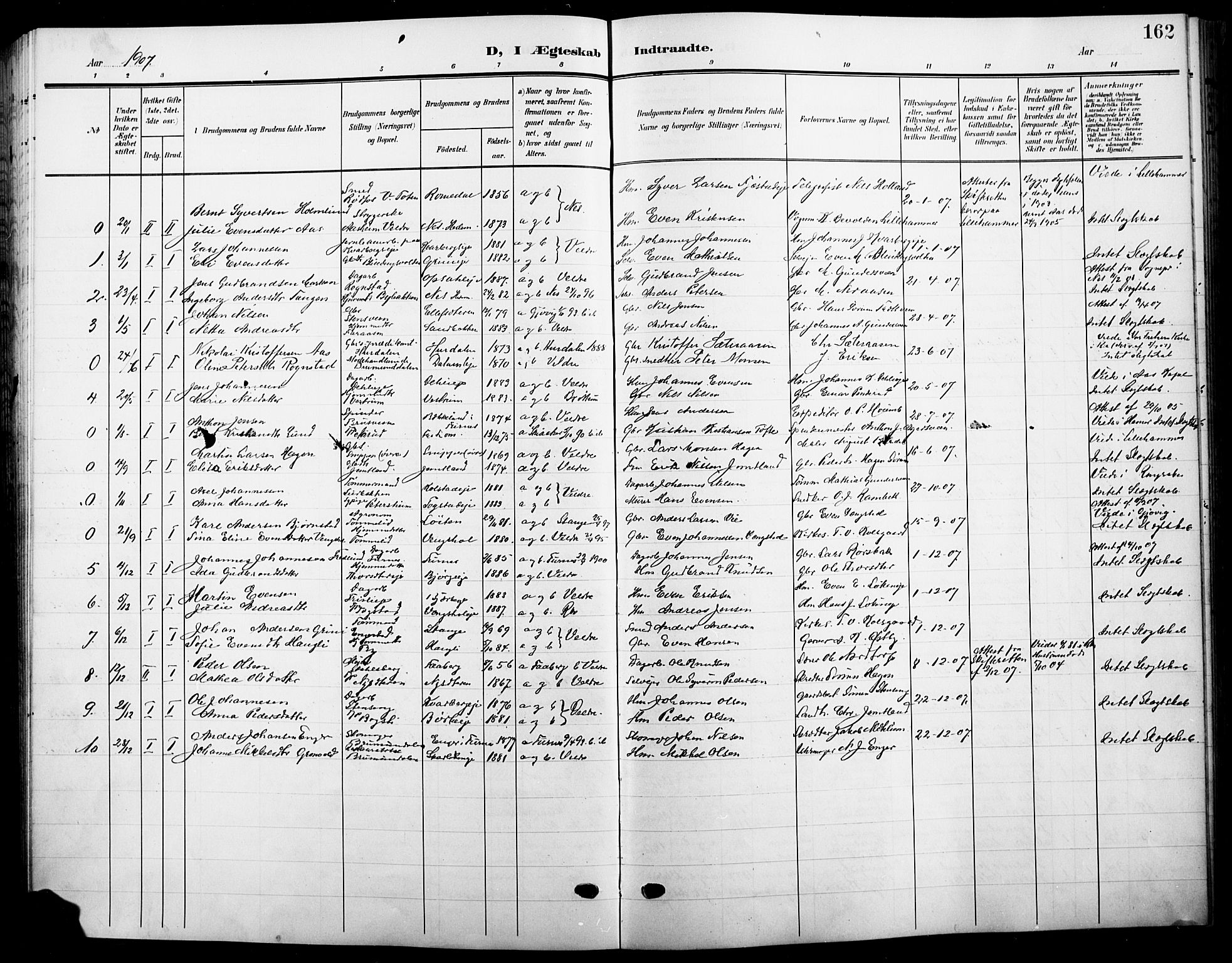 Ringsaker prestekontor, SAH/PREST-014/L/La/L0017: Parish register (copy) no. 17, 1905-1920, p. 162