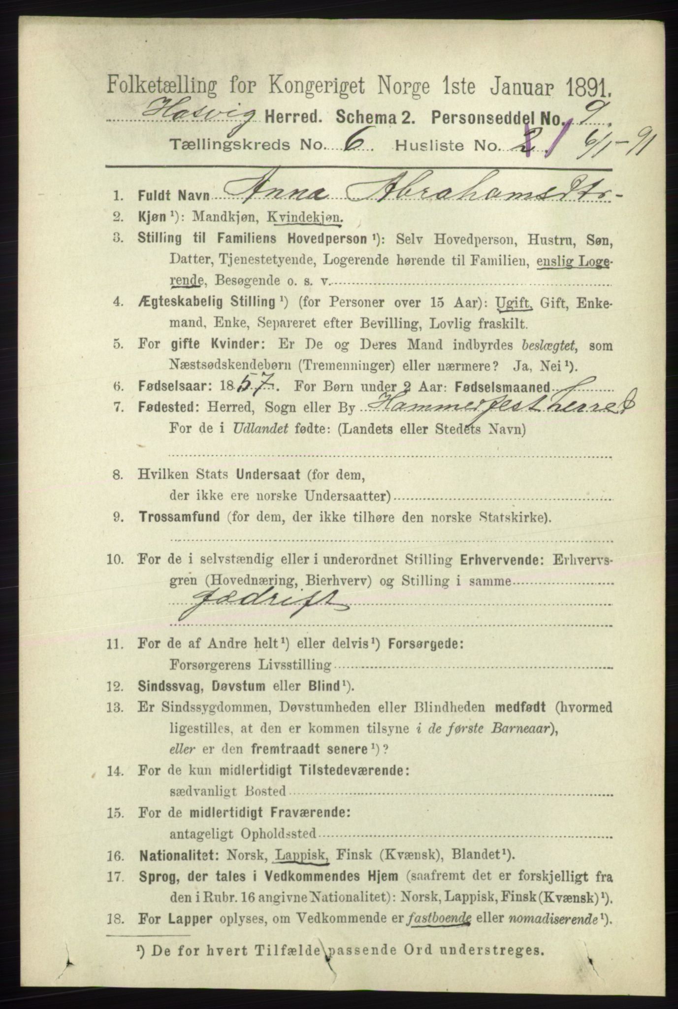 RA, 1891 census for 2015 Hasvik, 1891, p. 874