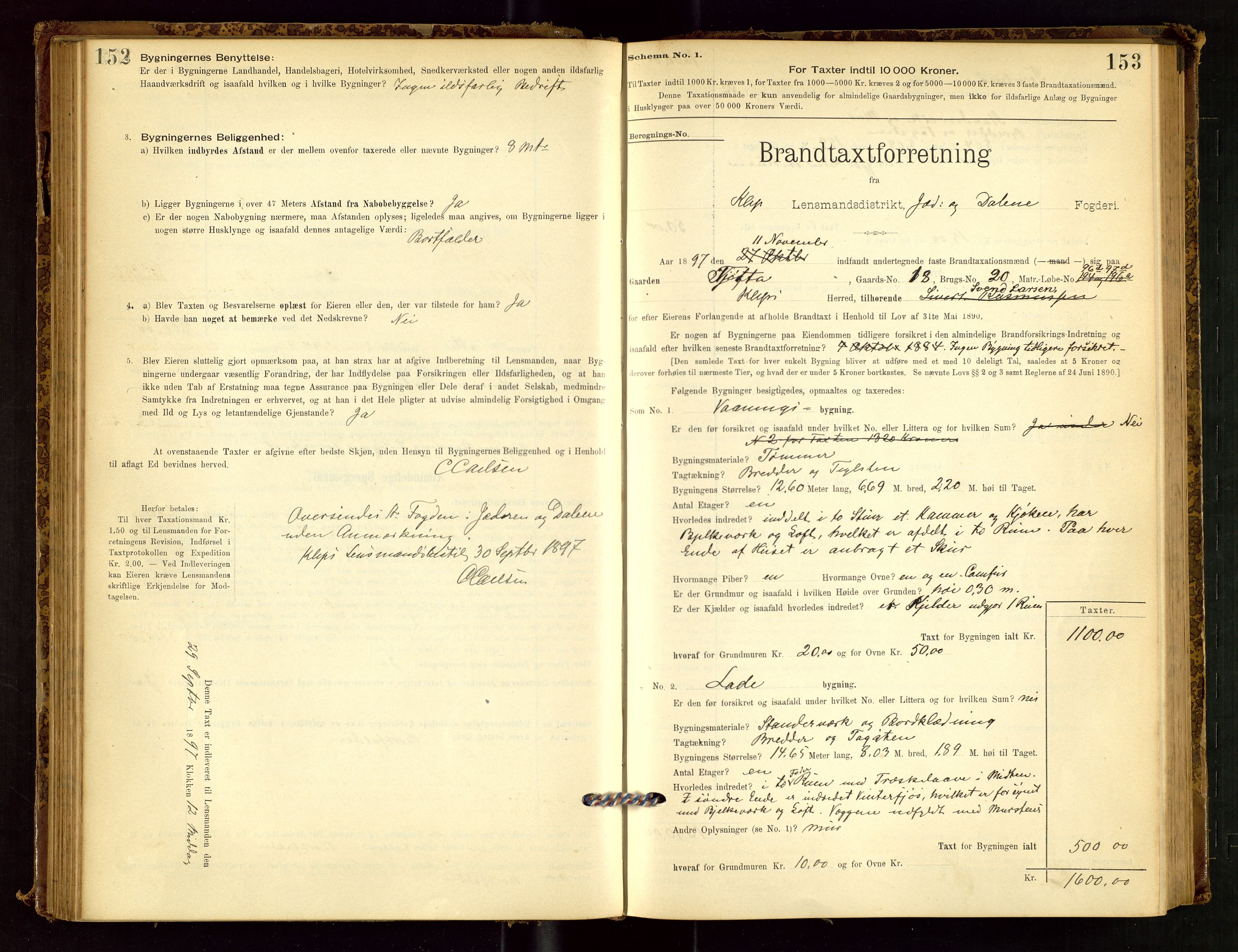 Klepp lensmannskontor, SAST/A-100163/Goc/L0001: "Brandtaxationsprotokol" m/register, 1895-1898, p. 152-153