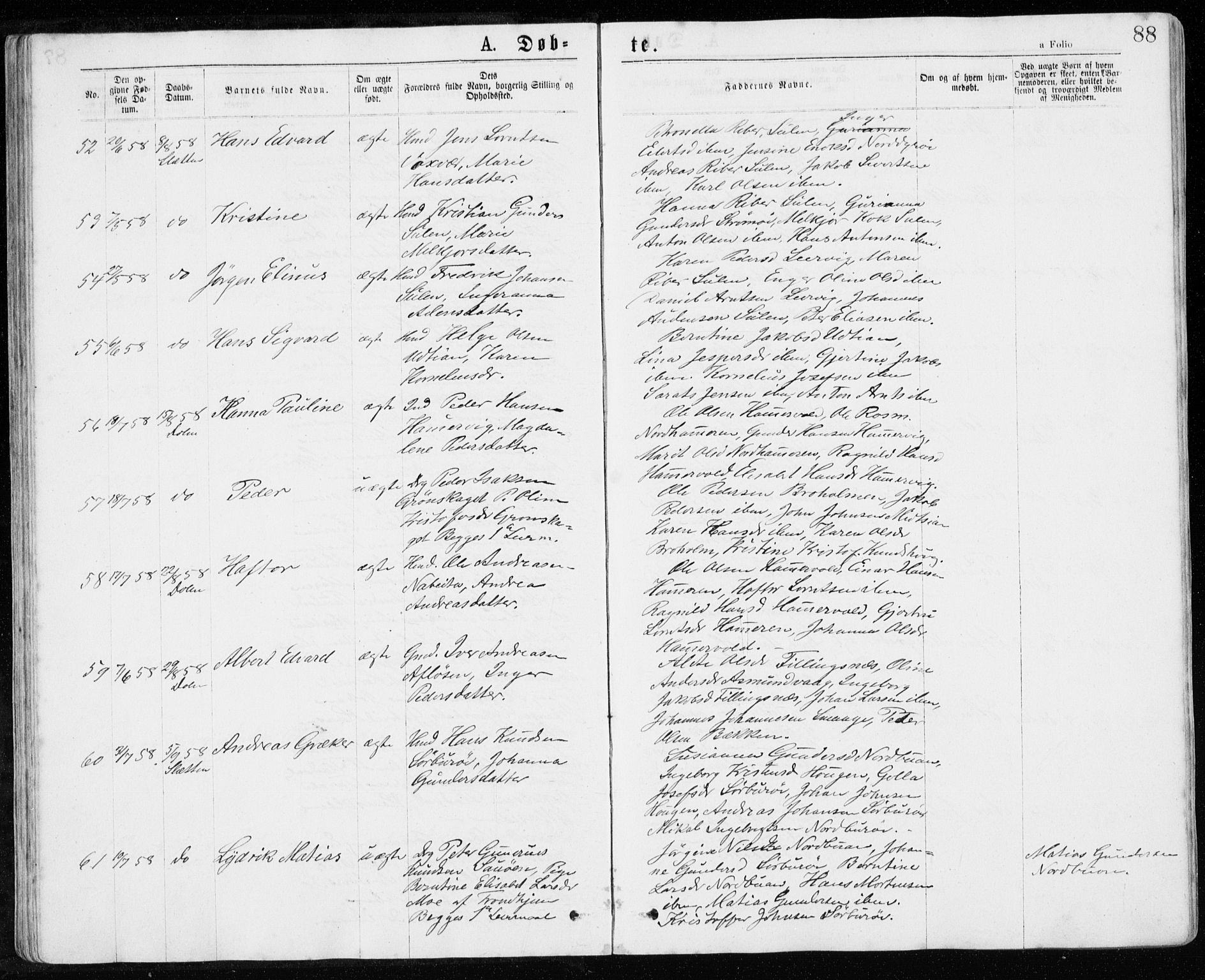 Ministerialprotokoller, klokkerbøker og fødselsregistre - Sør-Trøndelag, AV/SAT-A-1456/640/L0576: Parish register (official) no. 640A01, 1846-1876, p. 88