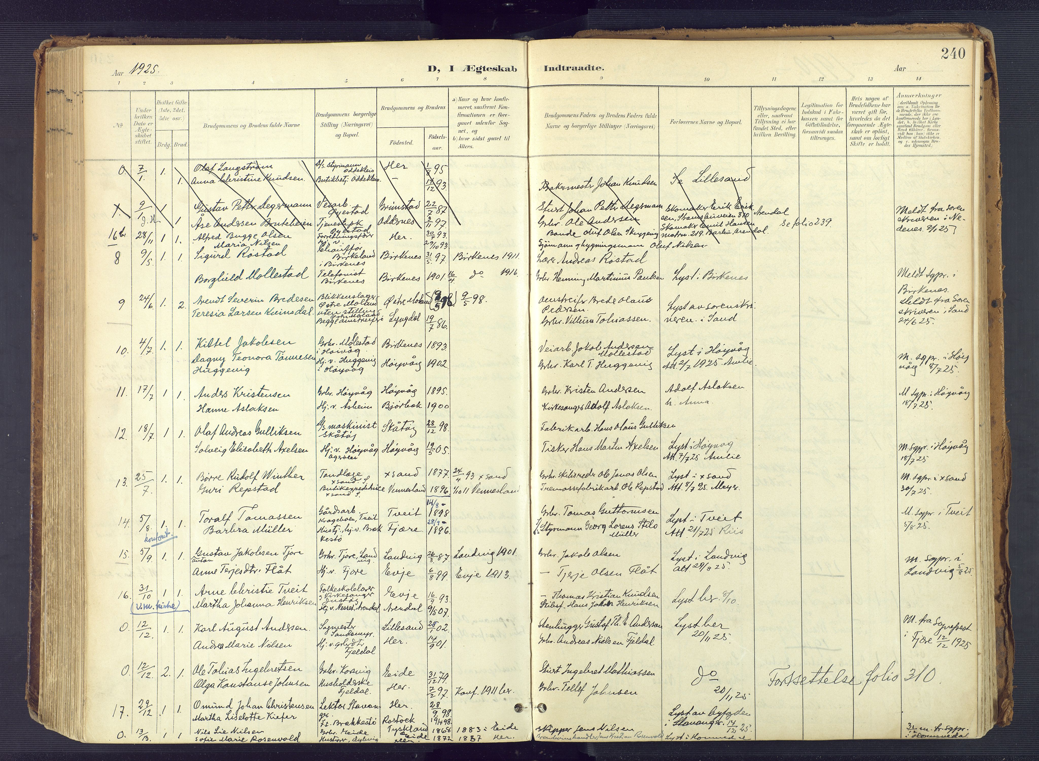 Vestre Moland sokneprestkontor, SAK/1111-0046/F/Fa/Fab/L0010: Parish register (official) no. A 10, 1900-1926, p. 240