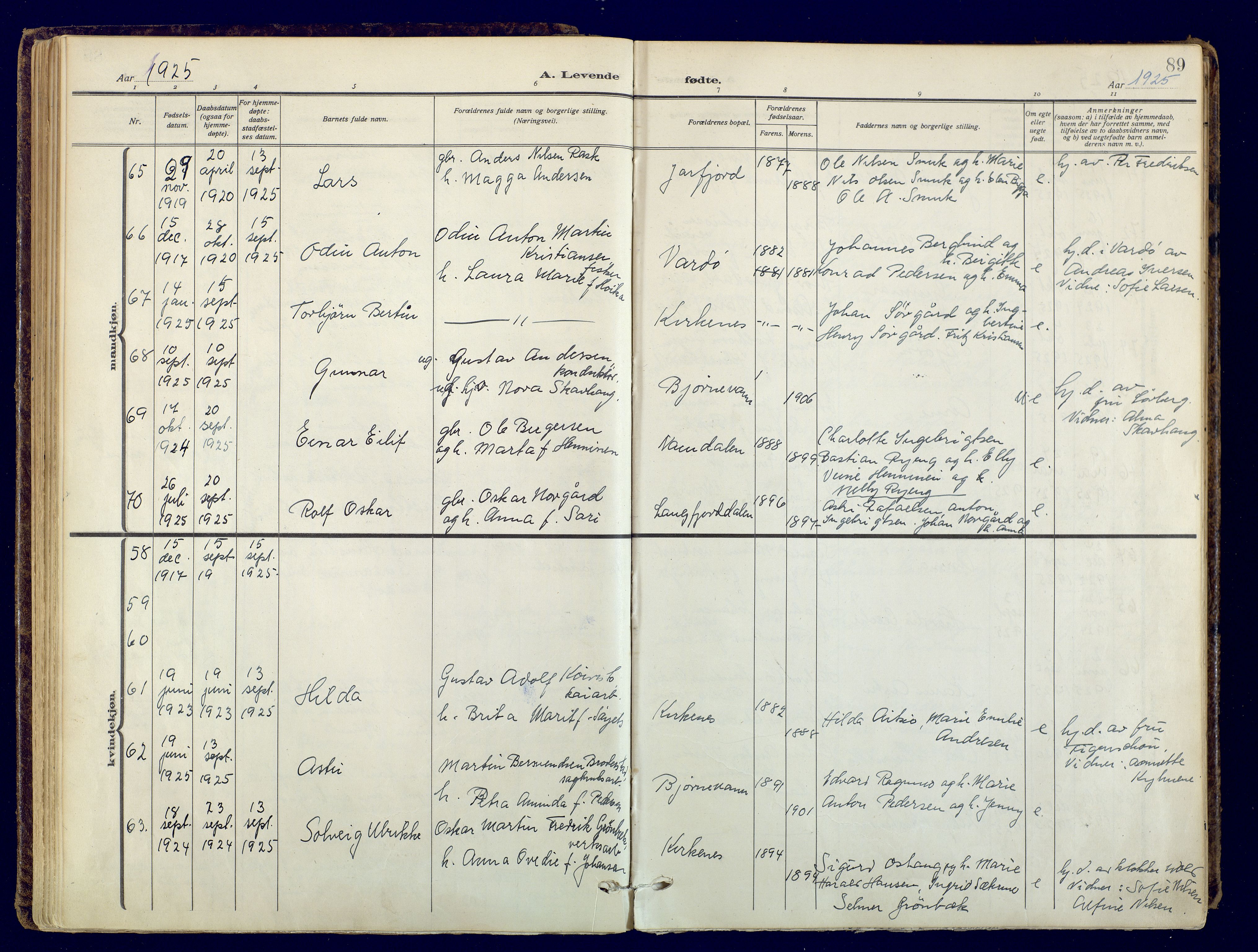 Sør-Varanger sokneprestkontor, AV/SATØ-S-1331/H/Ha/L0006kirke: Parish register (official) no. 6, 1919-1927, p. 89