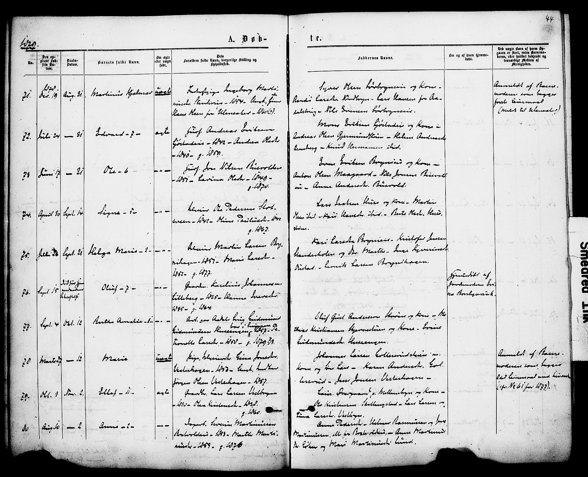 Romedal prestekontor, AV/SAH-PREST-004/K/L0007: Parish register (official) no. 7, 1875-1879, p. 44