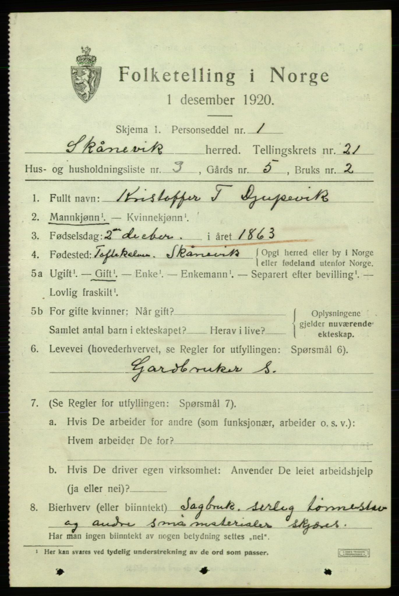 SAB, 1920 census for Skånevik, 1920, p. 7783