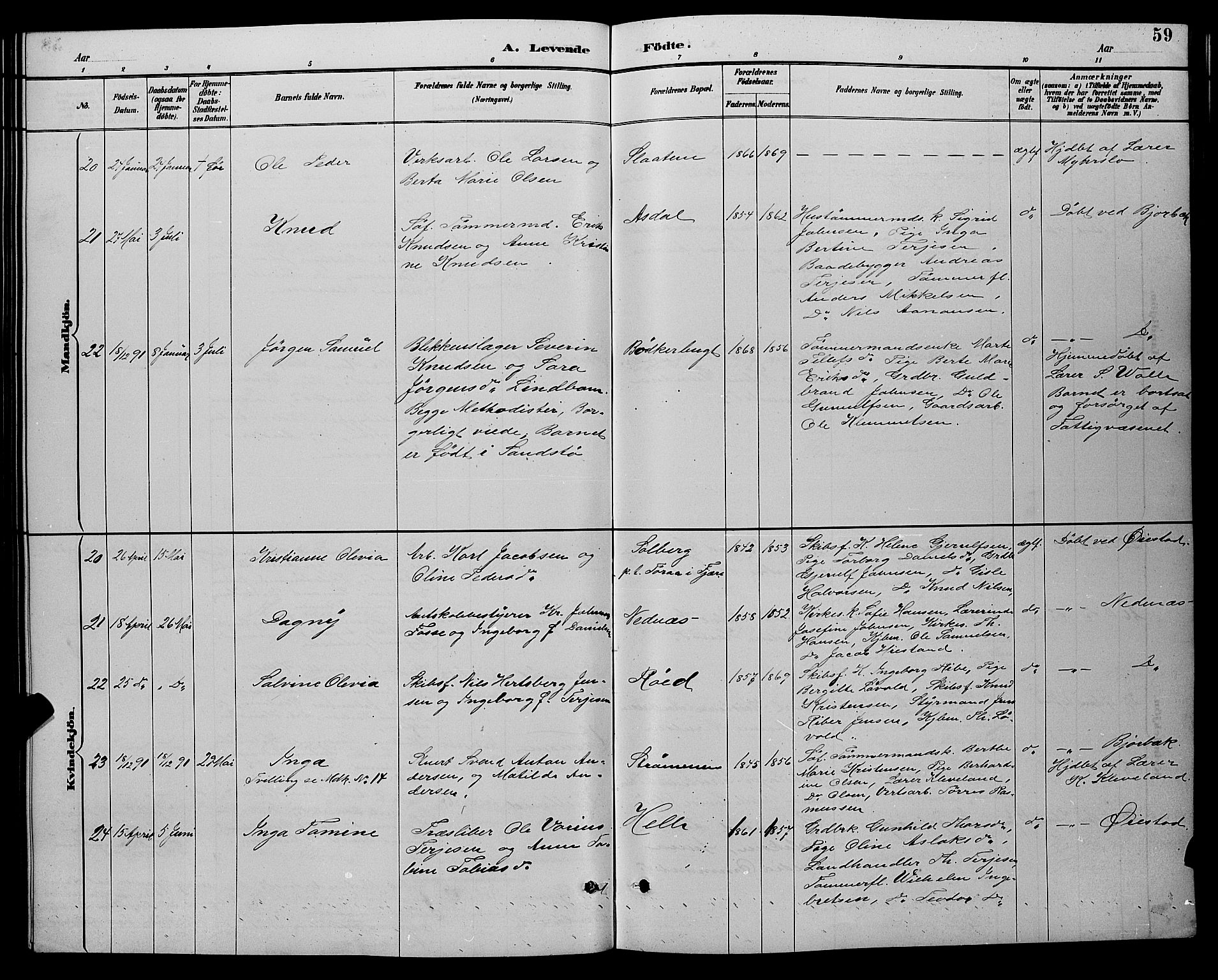 Øyestad sokneprestkontor, AV/SAK-1111-0049/F/Fb/L0009: Parish register (copy) no. B 9, 1886-1896, p. 59