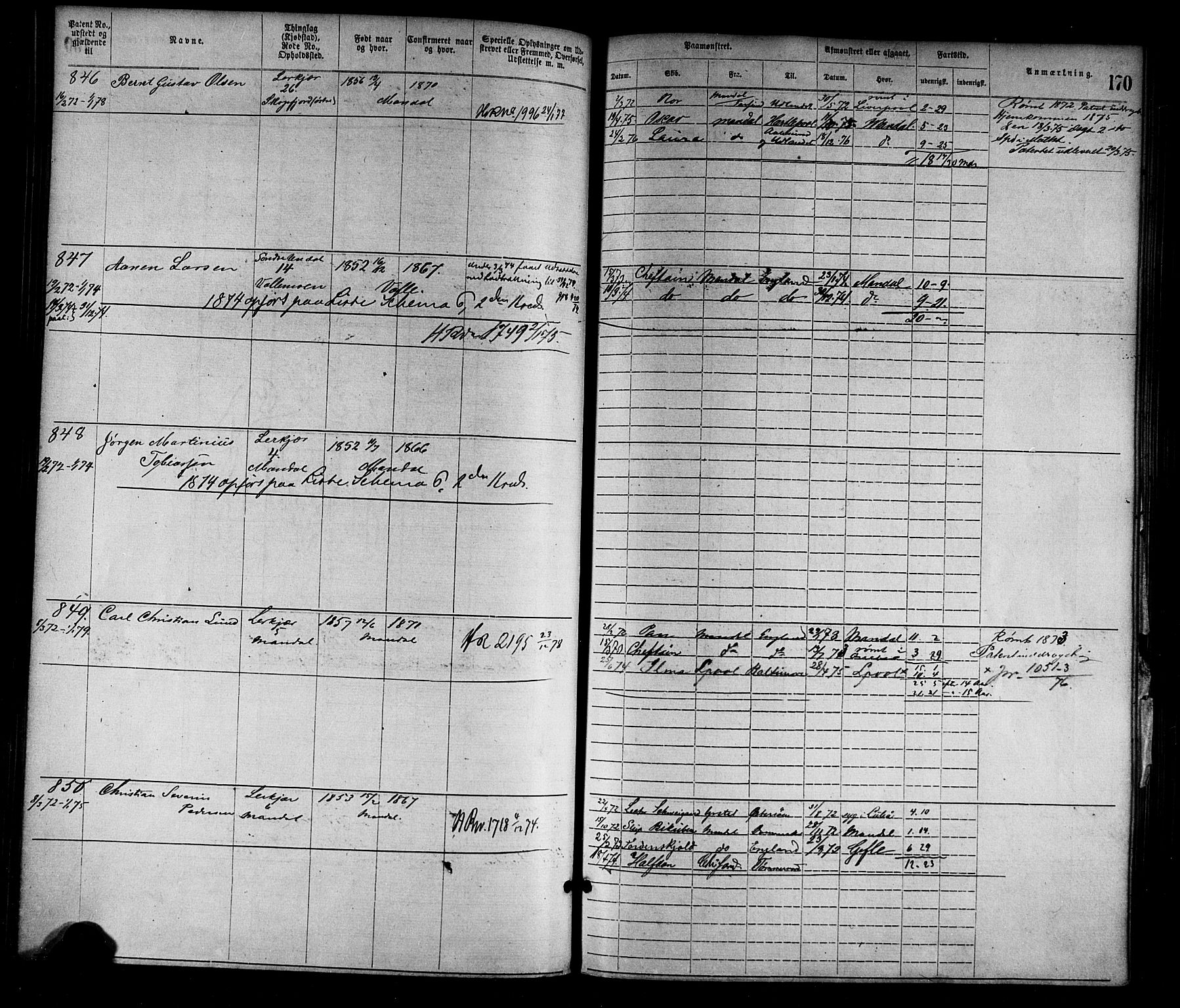 Mandal mønstringskrets, SAK/2031-0016/F/Fa/L0001: Annotasjonsrulle nr 1-1920 med register, L-3, 1869-1881, p. 203