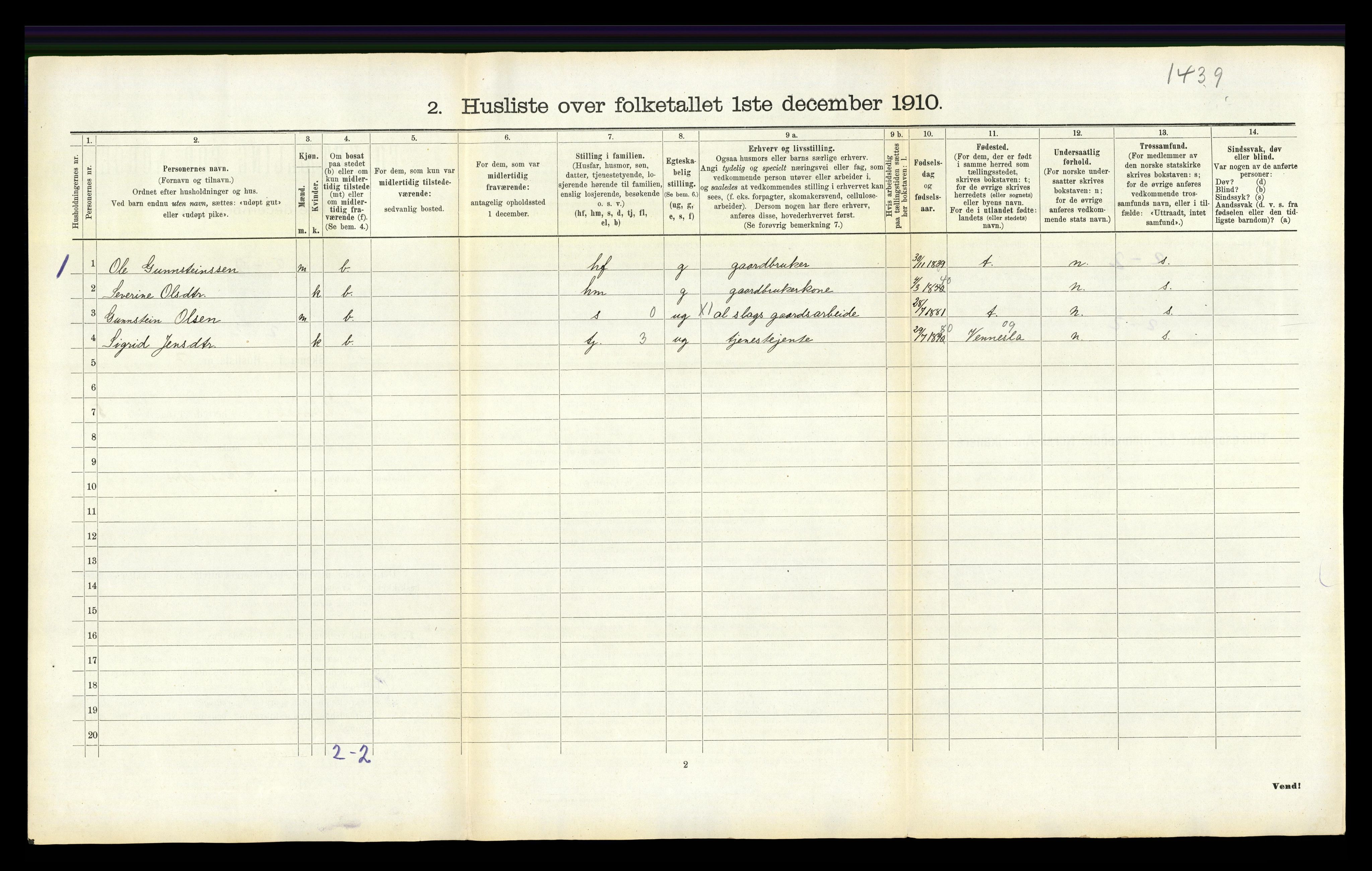 RA, 1910 census for Oddernes, 1910, p. 580