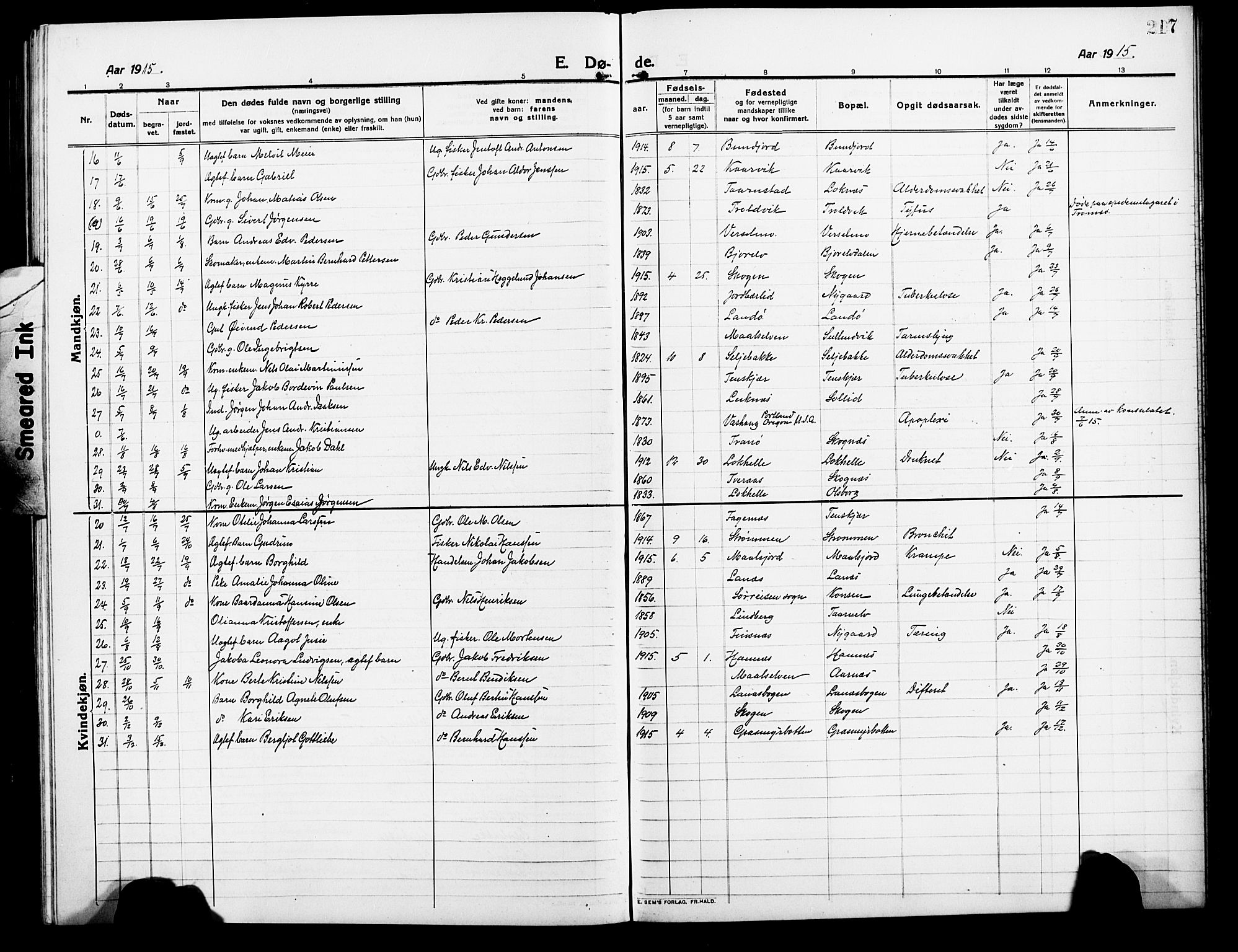 Lenvik sokneprestembete, AV/SATØ-S-1310/H/Ha/Hab/L0009klokker: Parish register (copy) no. 9, 1912-1926, p. 217