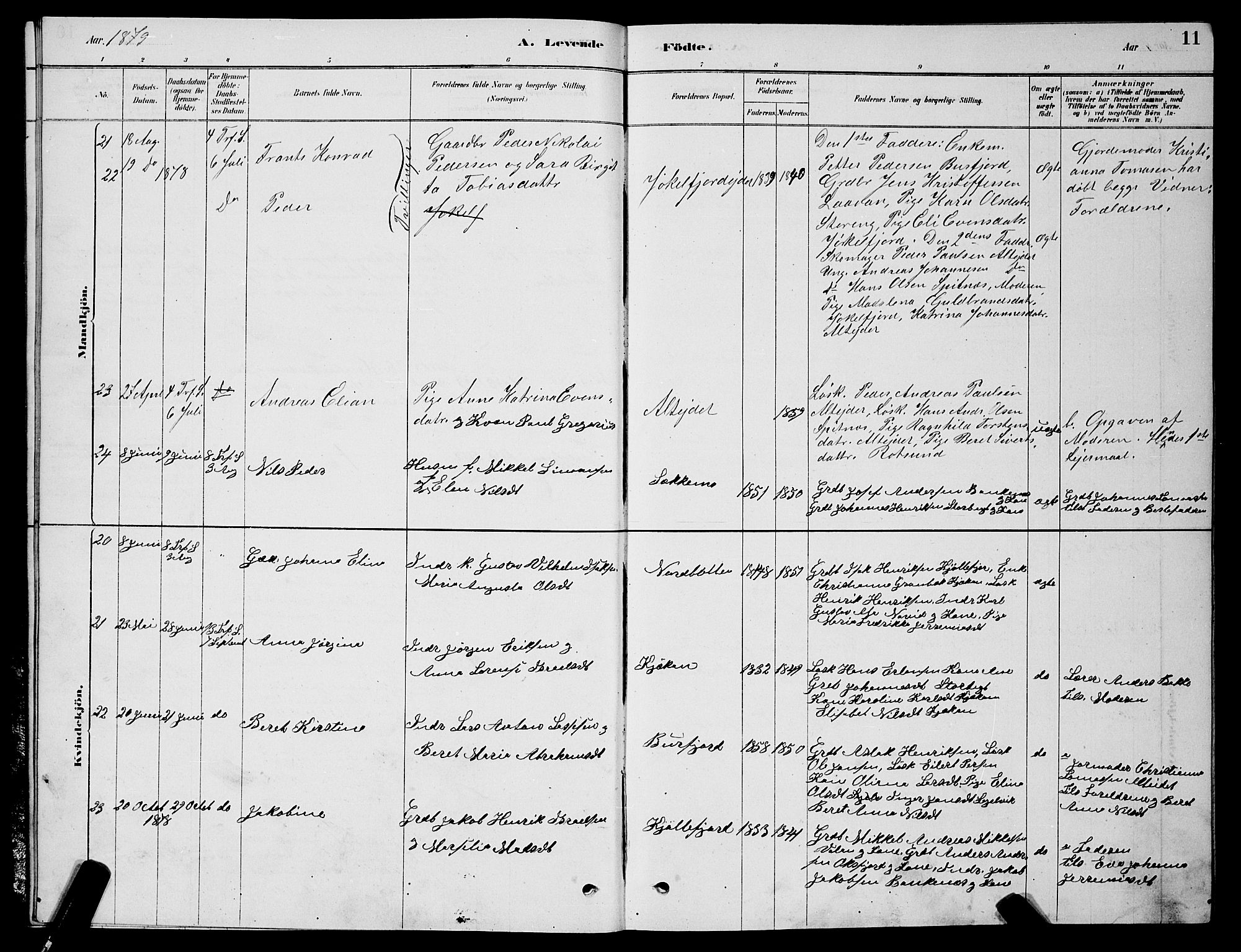Skjervøy sokneprestkontor, SATØ/S-1300/H/Ha/Hab/L0015klokker: Parish register (copy) no. 15, 1878-1890, p. 11